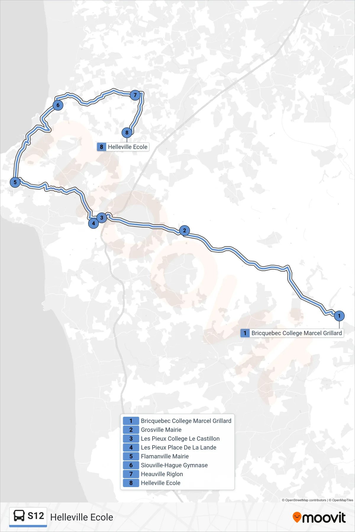 Tracé et arrêts de la ligne S12 de bus (Helleville Ecole) sur une carte