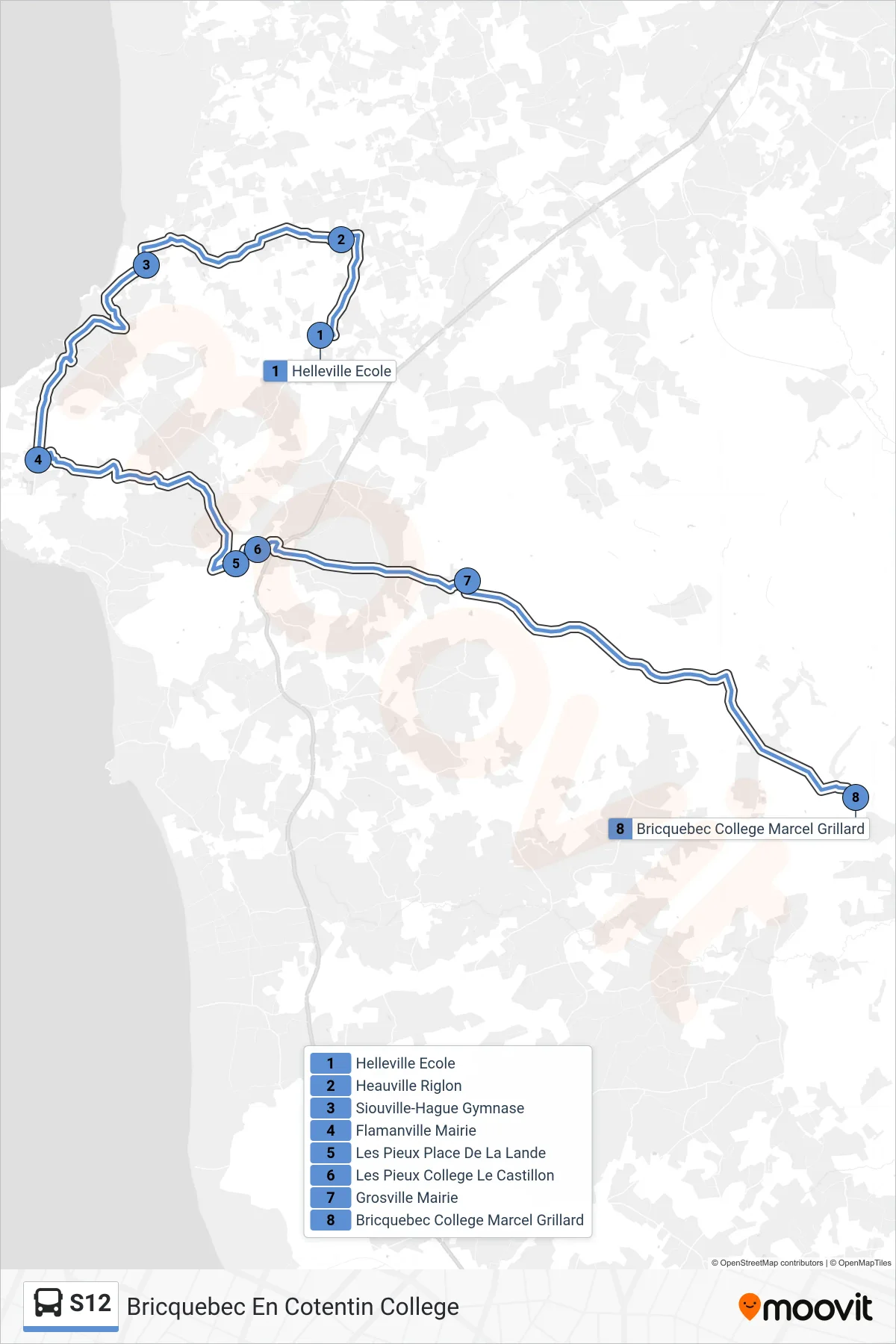 Tracé et arrêts de la ligne S12 de bus (Bricquebec En Cotentin College) sur une carte