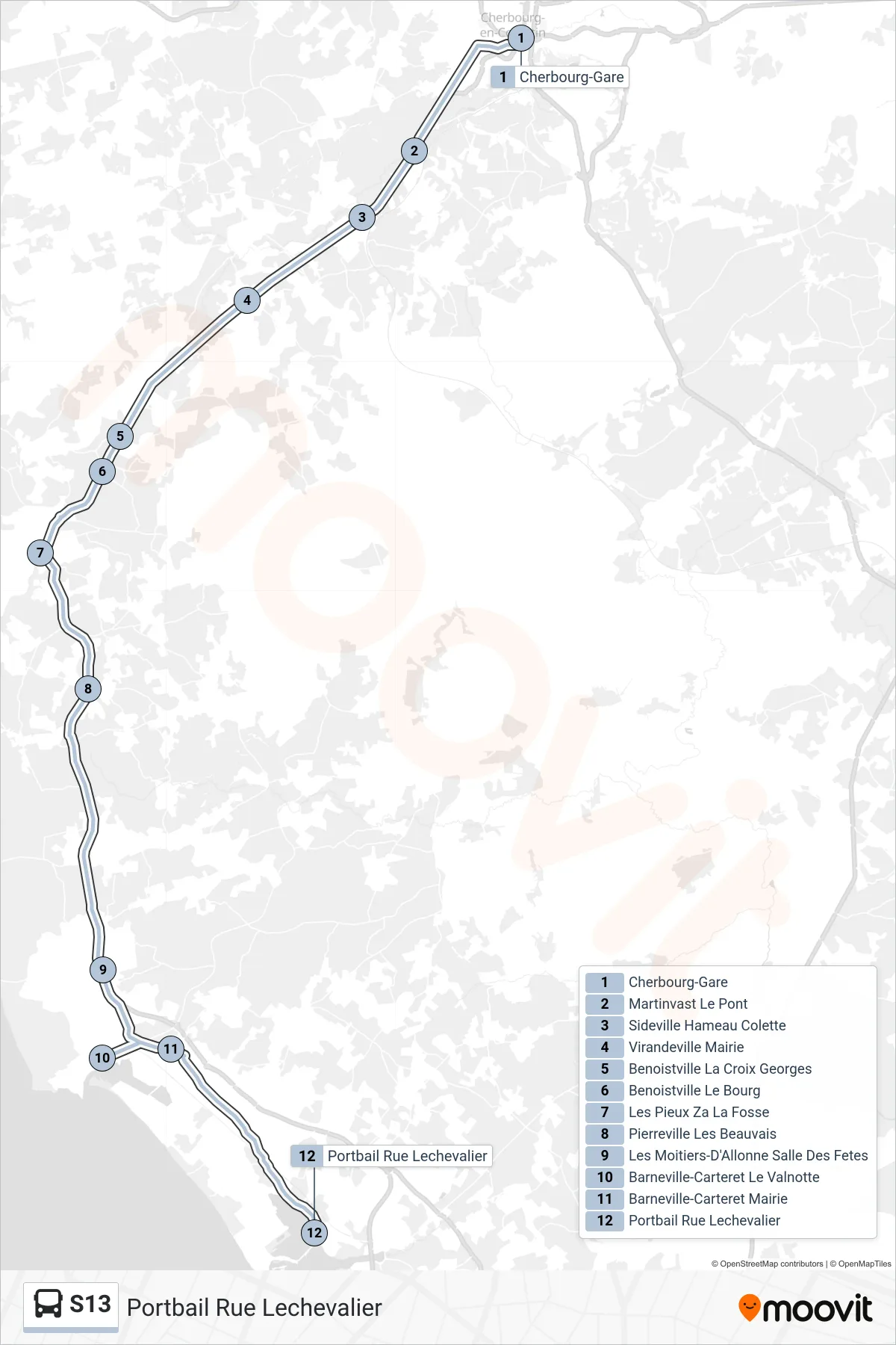 Tracé et arrêts de la ligne S13 de bus (Portbail Rue Lechevalier) sur une carte