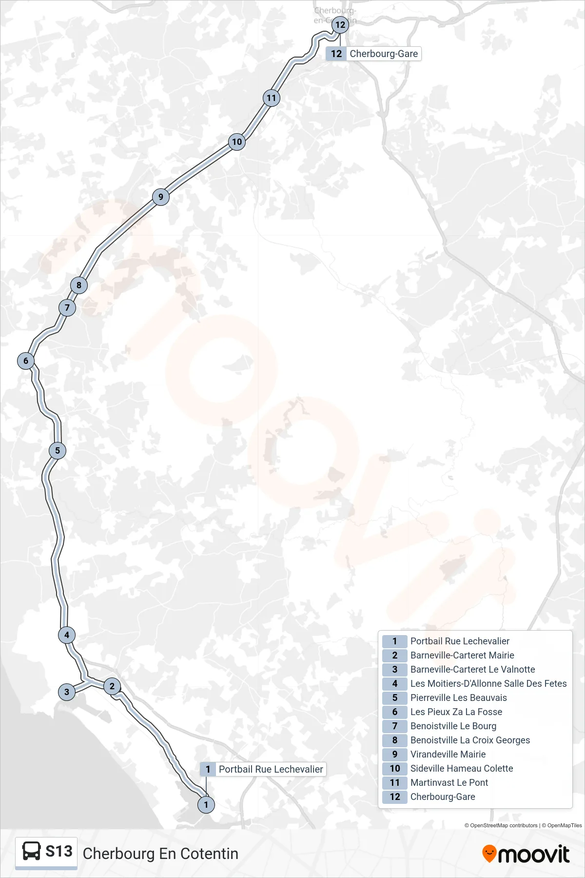 Tracé et arrêts de la ligne S13 de bus (Cherbourg En Cotentin) sur une carte