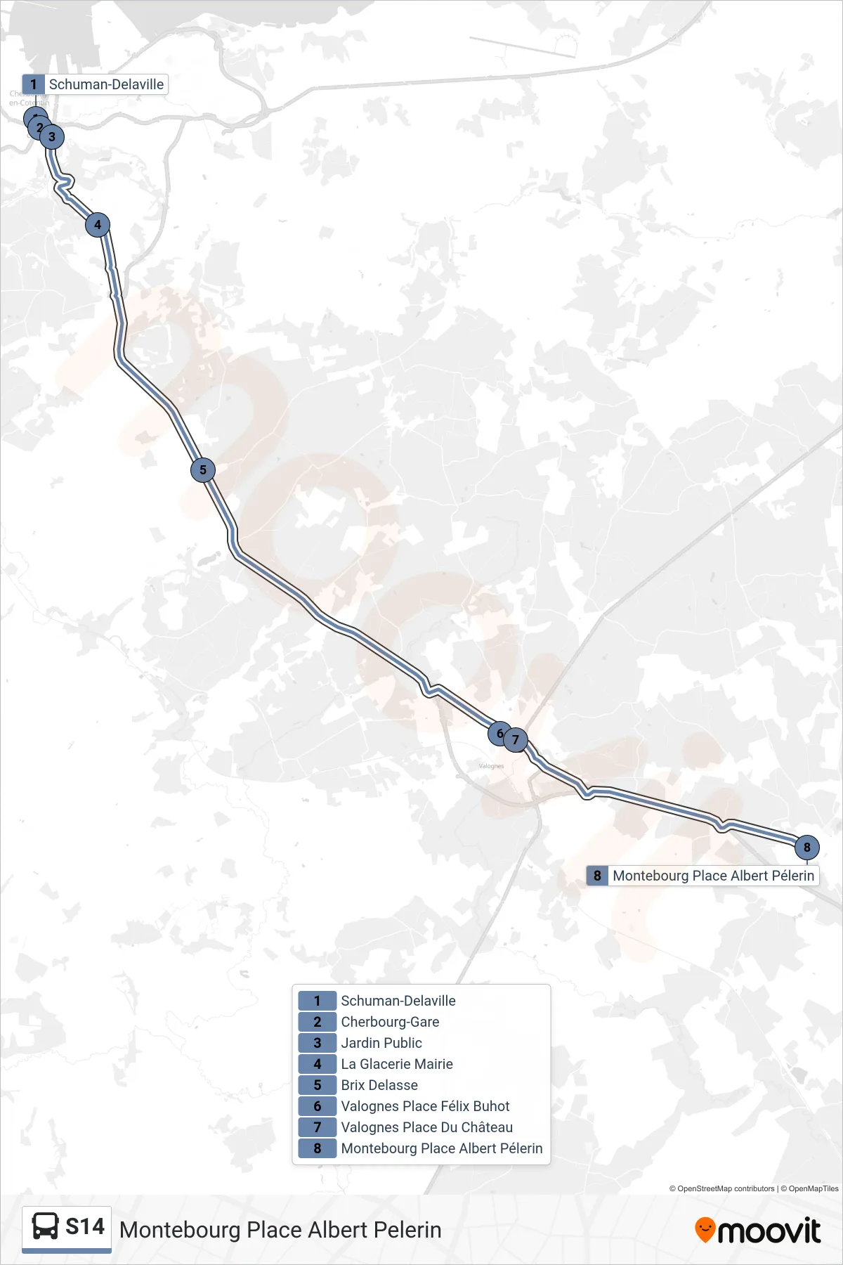 Tracé et arrêts de la ligne S14 de bus (Montebourg Place Albert Pelerin) sur une carte