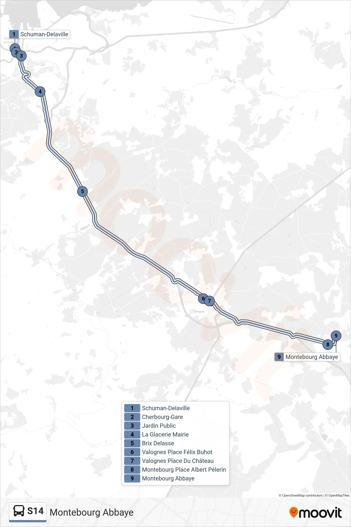 Tracé et arrêts de la ligne S14 de bus (Montebourg Abbaye) sur une carte