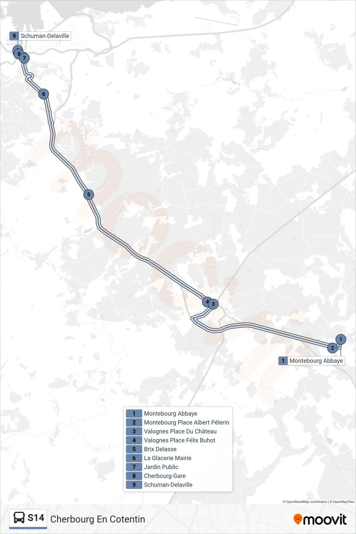 Tracé et arrêts de la ligne S14 de bus (Cherbourg En Cotentin) sur une carte