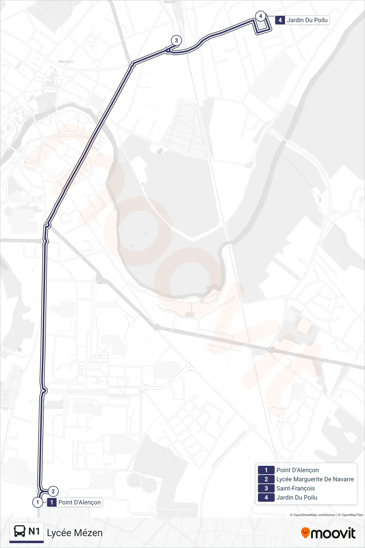 Tracé et arrêts de la ligne N1 de bus (Lycée Mézen) sur une carte