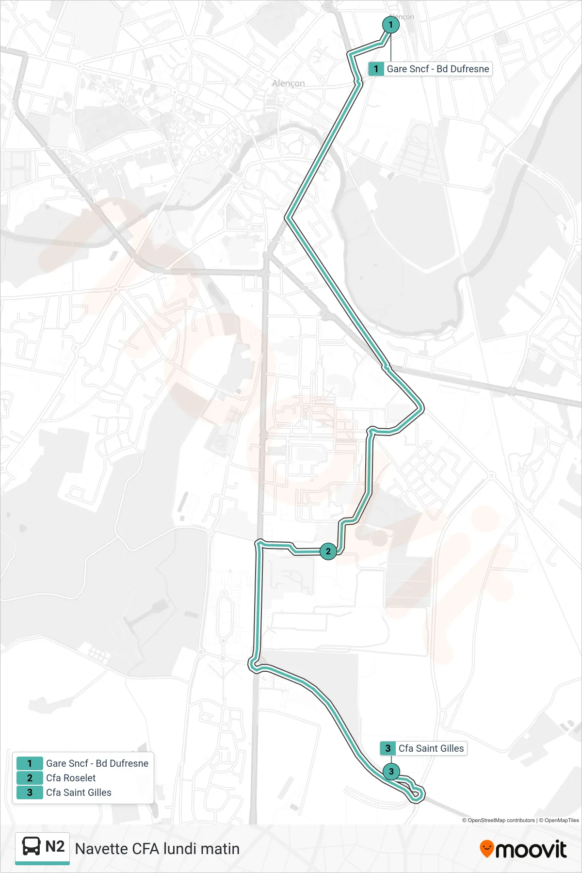Tracé et arrêts de la ligne N2 de bus (Cfa Saint-Gilles) sur une carte