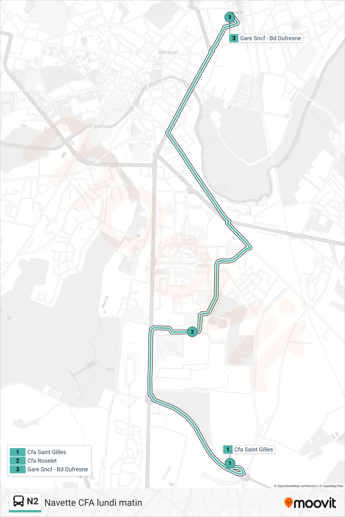Tracé et arrêts de la ligne N2 de bus (Gare Sncf) sur une carte