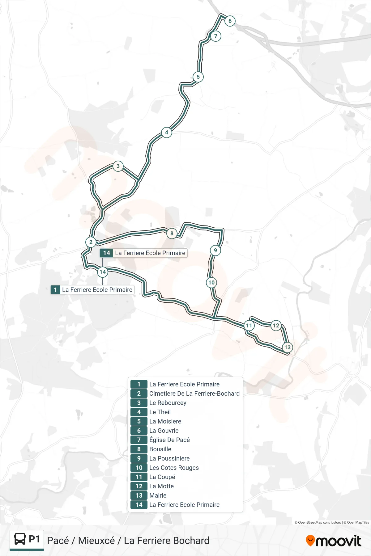 Tracé et arrêts de la ligne P1 de bus (Pacé - Mieuxcé) sur une carte