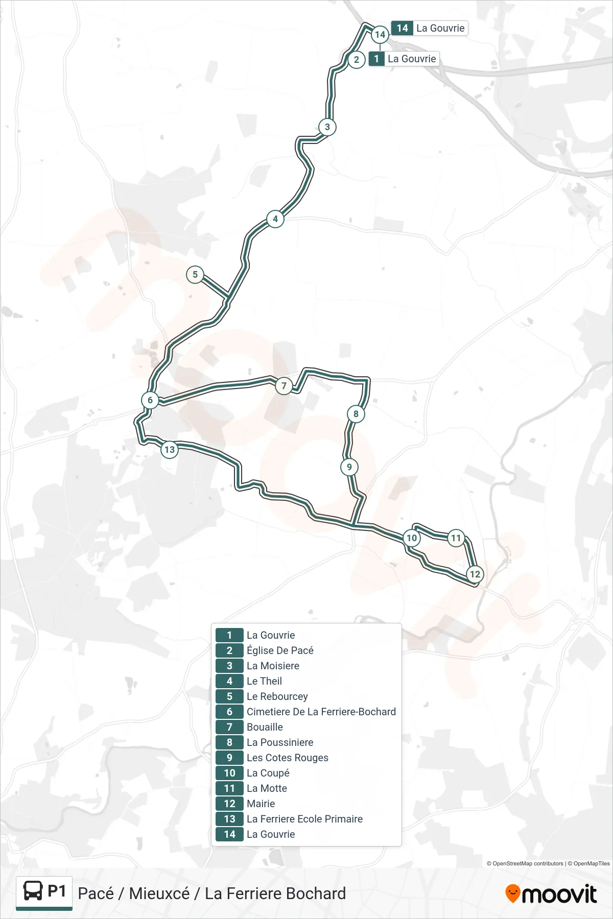 Tracé et arrêts de la ligne P1 de bus (La Ferriere-Bochard) sur une carte