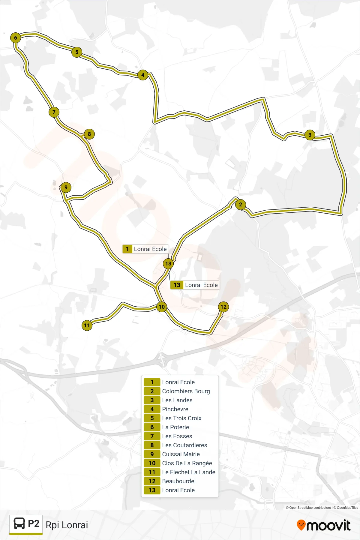 Tracé et arrêts de la ligne P2 de bus (Rpi Lonrai) sur une carte