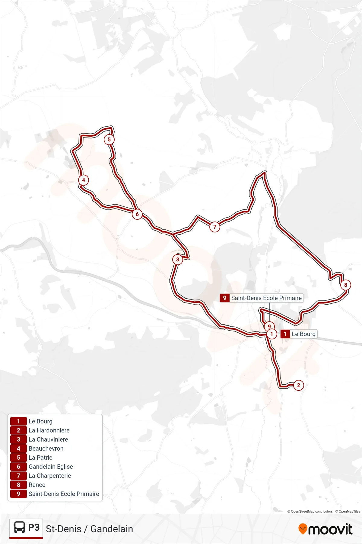 Tracé et arrêts de la ligne P3 de bus (Saint-Denis-Sur-Sarthon) sur une carte