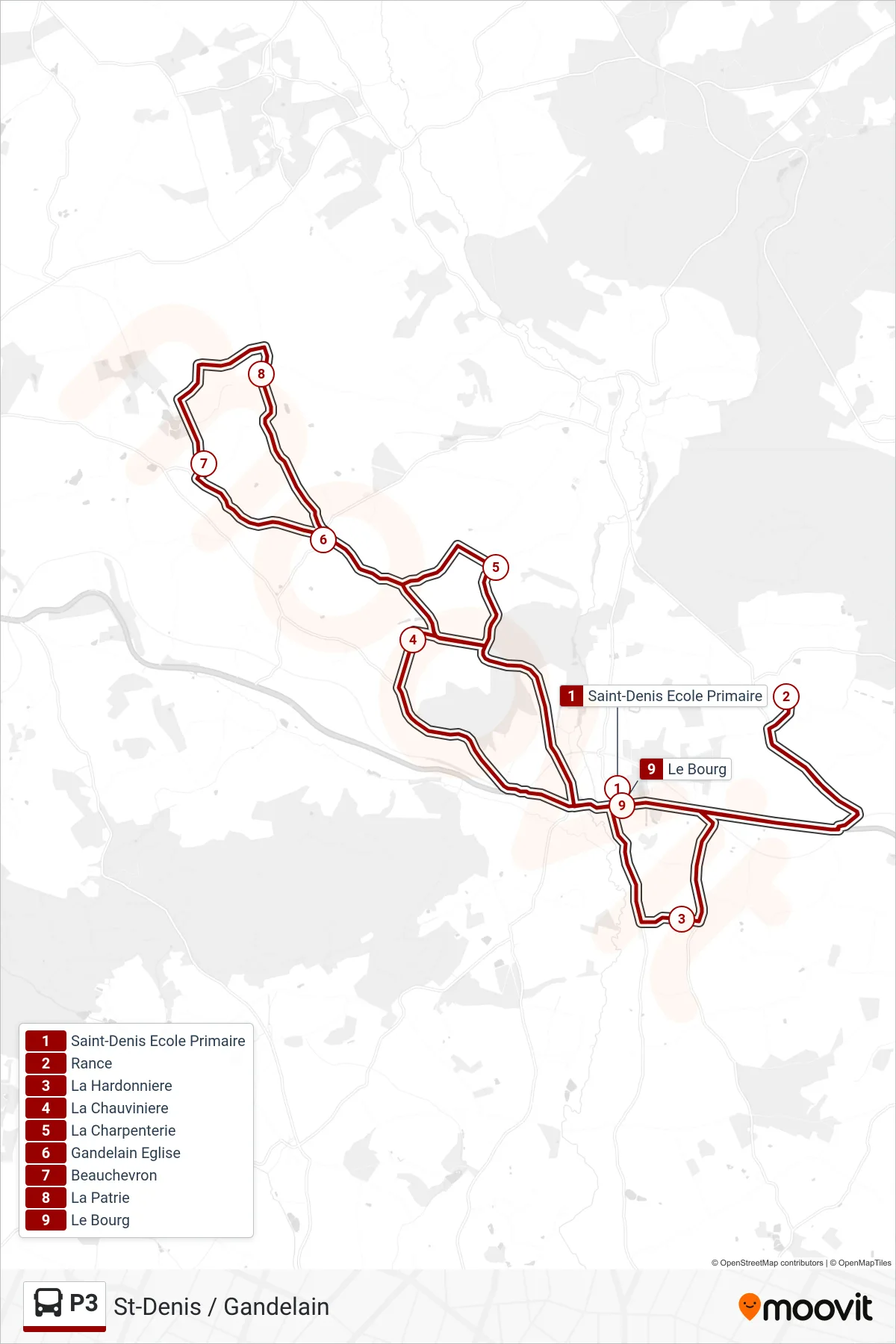 Tracé et arrêts de la ligne P3 de bus (Gandelain) sur une carte