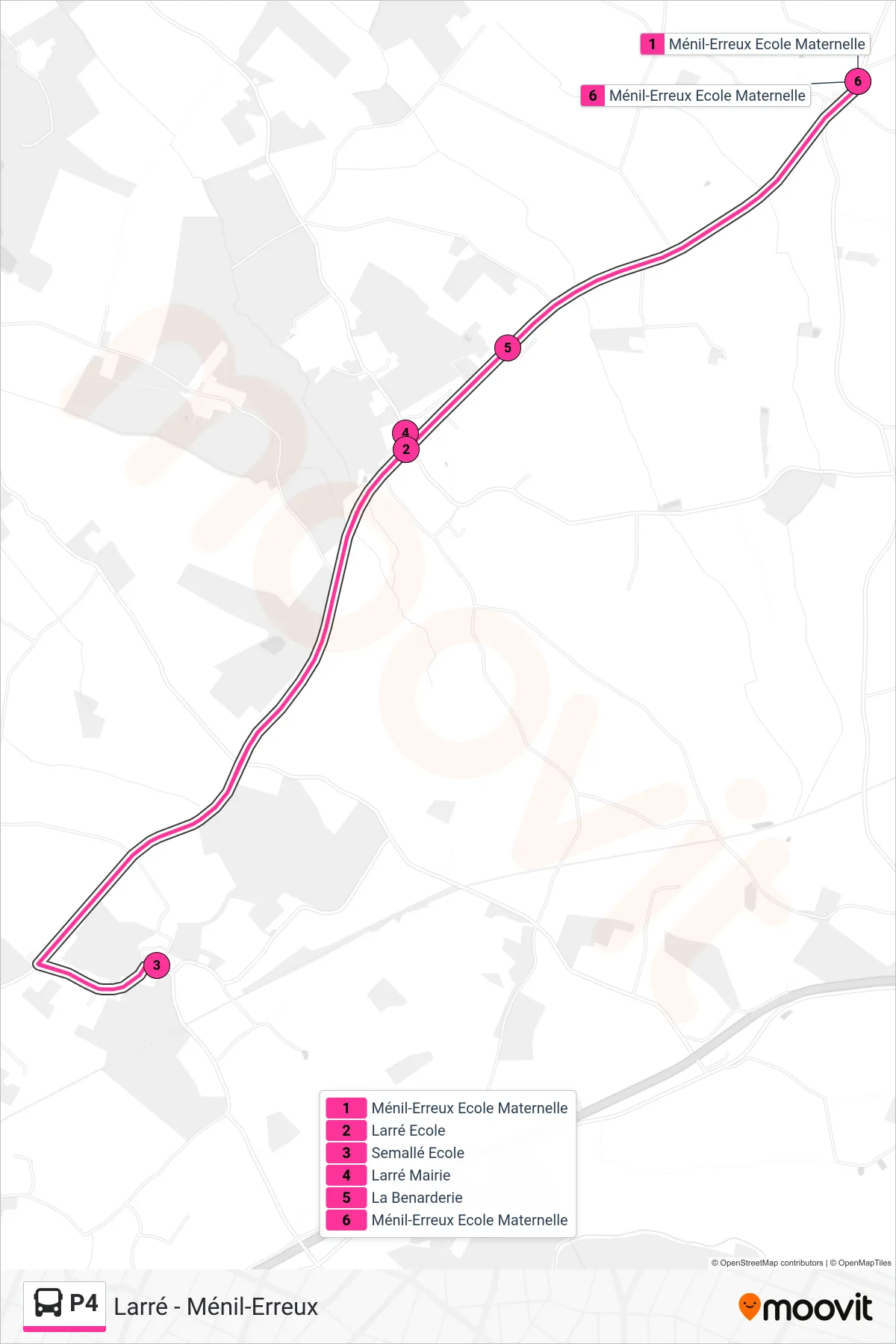 Tracé et arrêts de la ligne P4 de bus (Larré - Ménil-Erreux) sur une carte