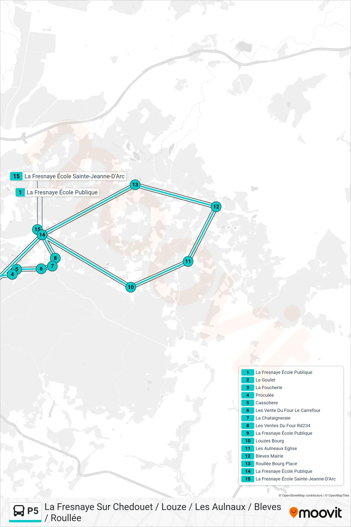 Tracé et arrêts de la ligne P5 de bus (La Fresnaye-Sur-Chédouet) sur une carte