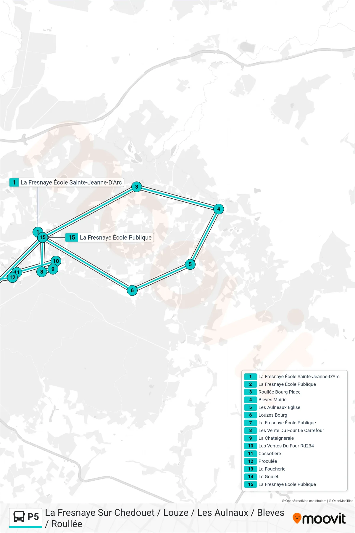 Tracé et arrêts de la ligne P5 de bus (Roullée - Bleves - Les Aulneaux - Louzes) sur une carte
