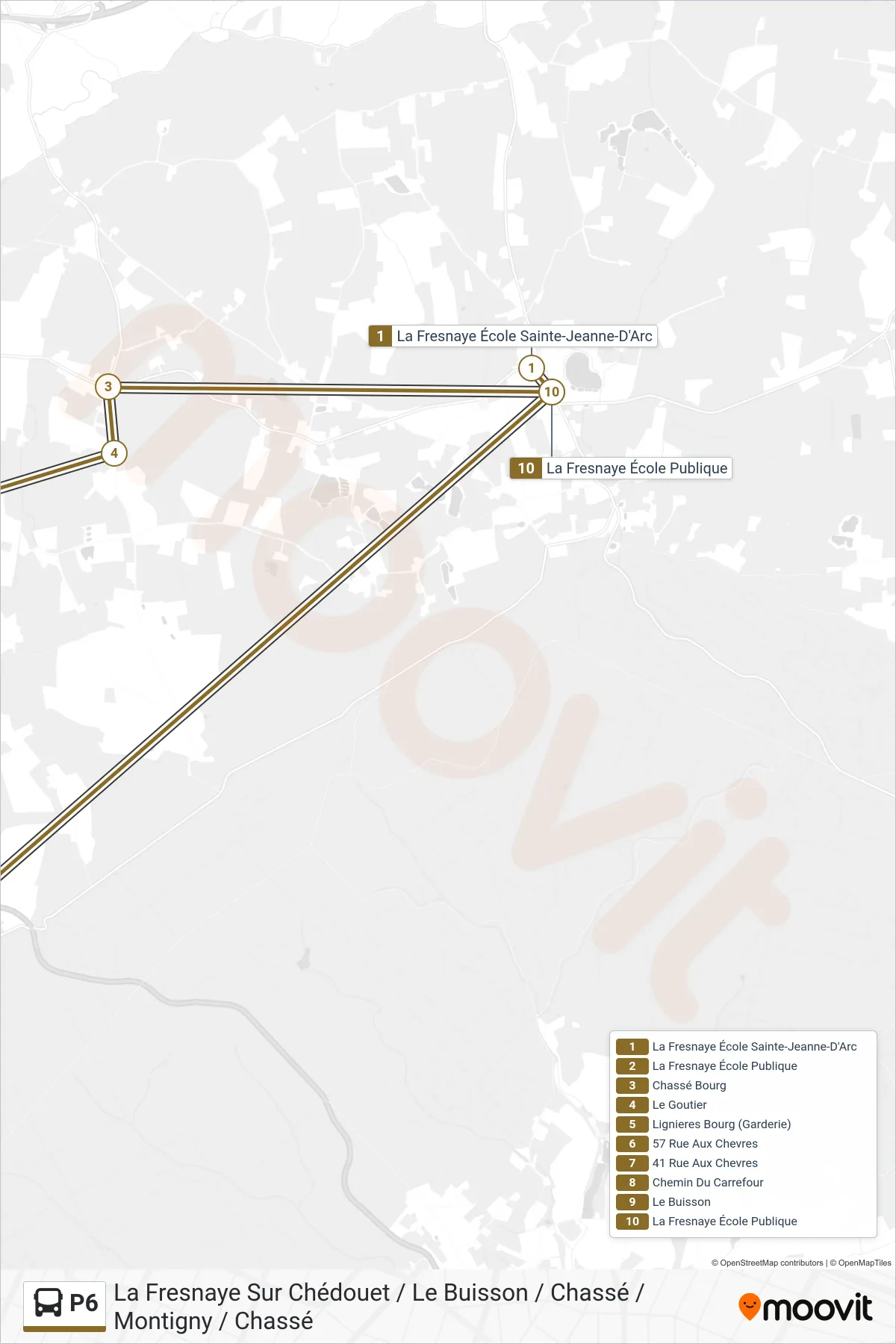 Tracé et arrêts de la ligne P6 de bus (Chassé - Lignieres - Le Buisson) sur une carte