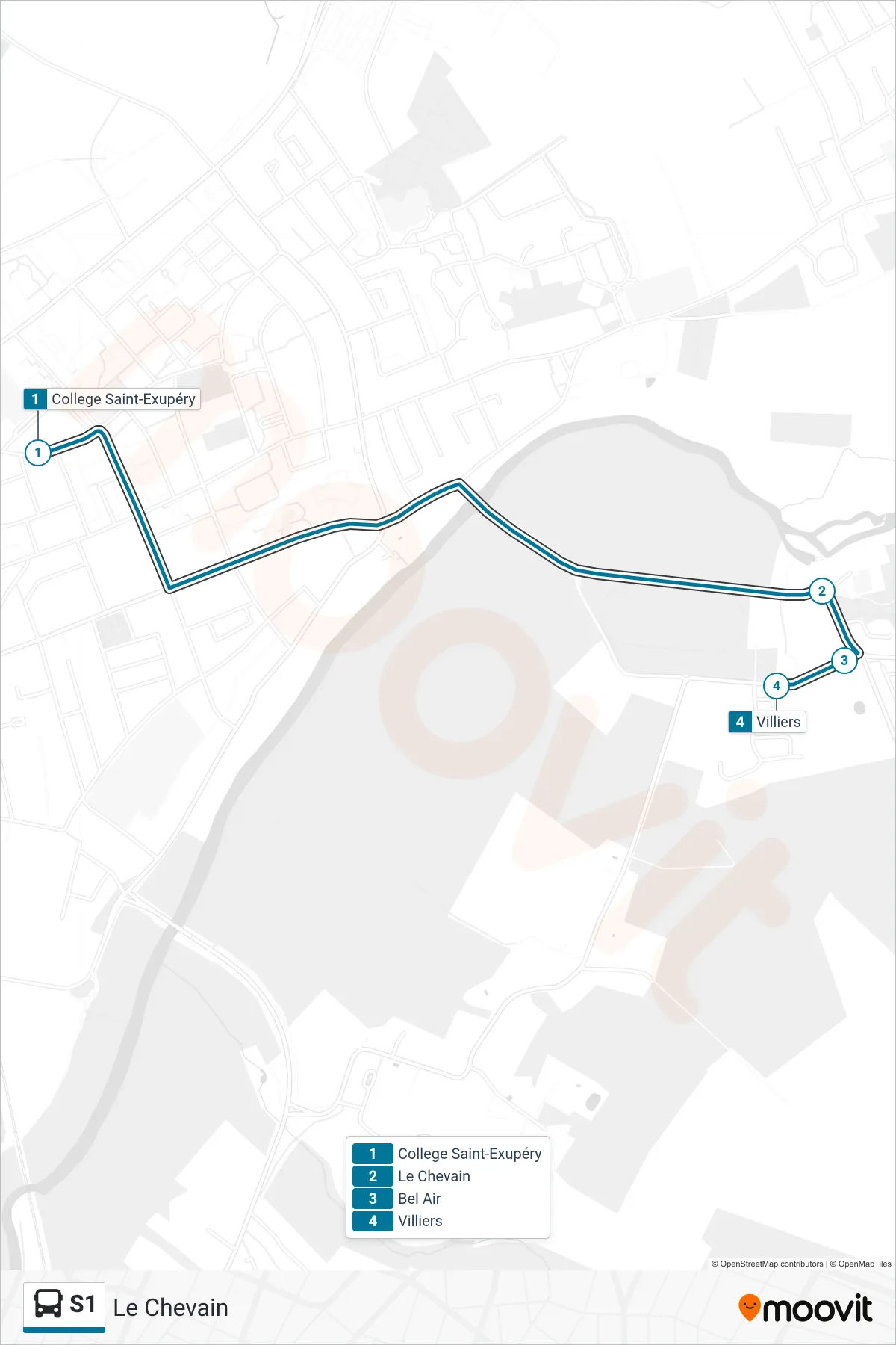 Tracé et arrêts de la ligne S1 de bus (Le Chevain) sur une carte