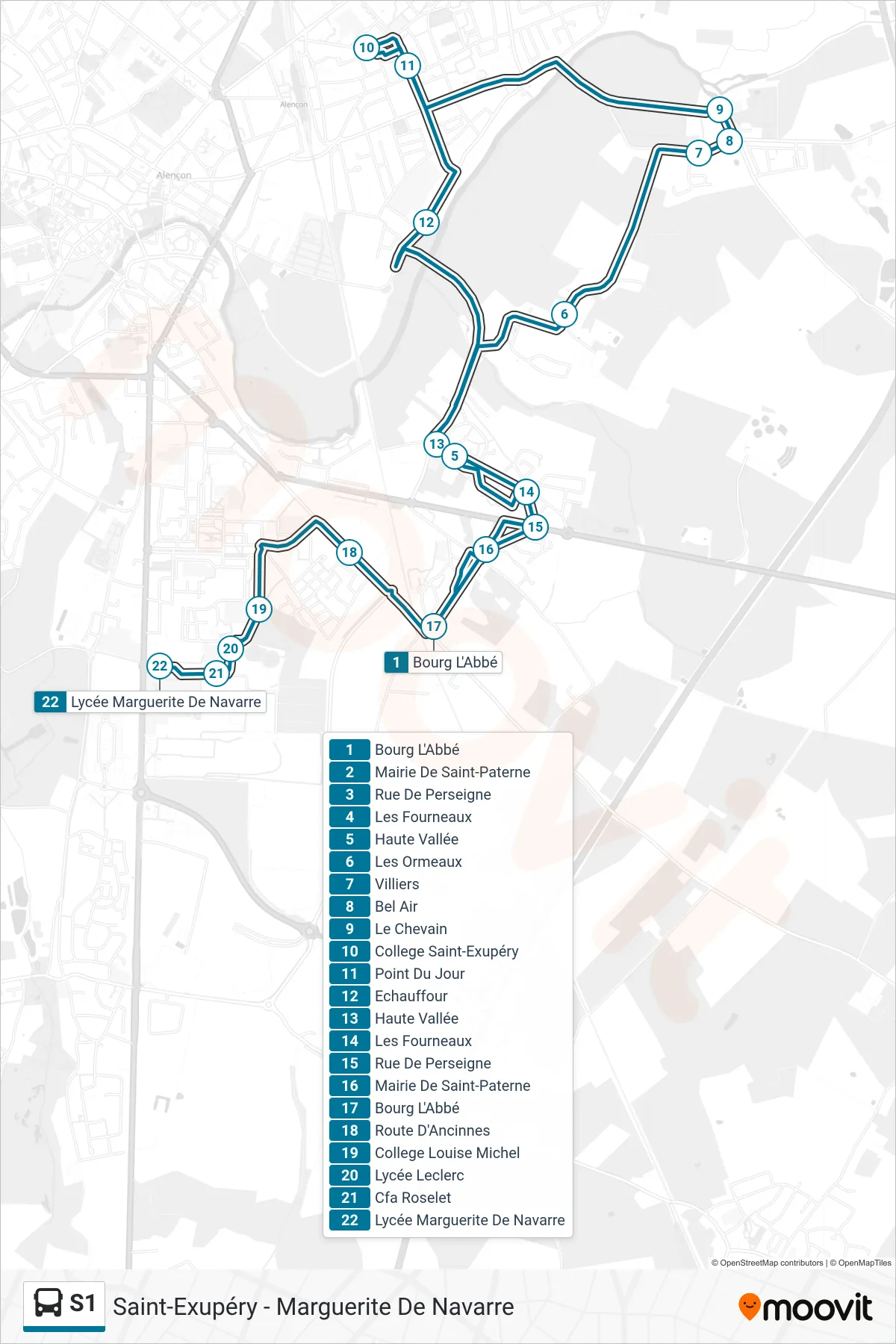 Tracé et arrêts de la ligne S1 de bus (Saint-Exupéry - Marguerite De Navarre) sur une carte