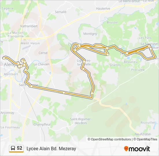 Plan de la ligne S2 de bus