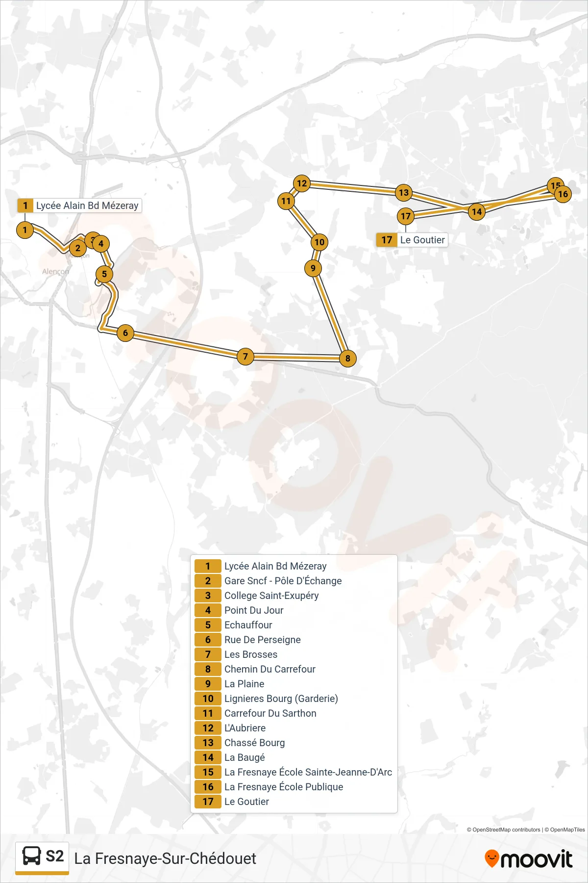 Tracé et arrêts de la ligne S2 de bus (La Fresnaye-Sur-Chédouet) sur une carte
