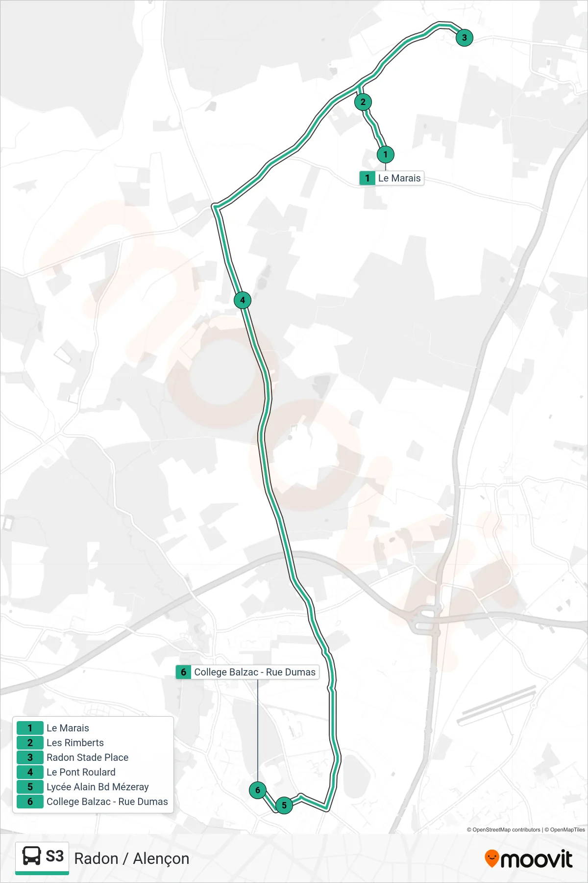 Tracé et arrêts de la ligne S3 de bus (Alençon) sur une carte