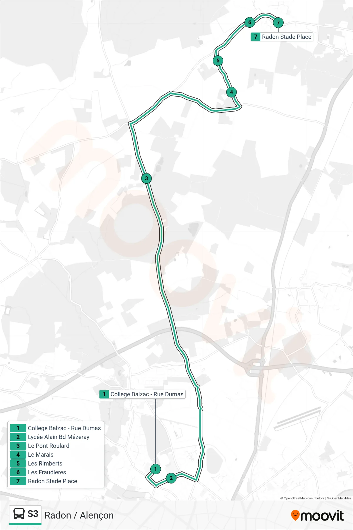 Tracé et arrêts de la ligne S3 de bus (Radon) sur une carte