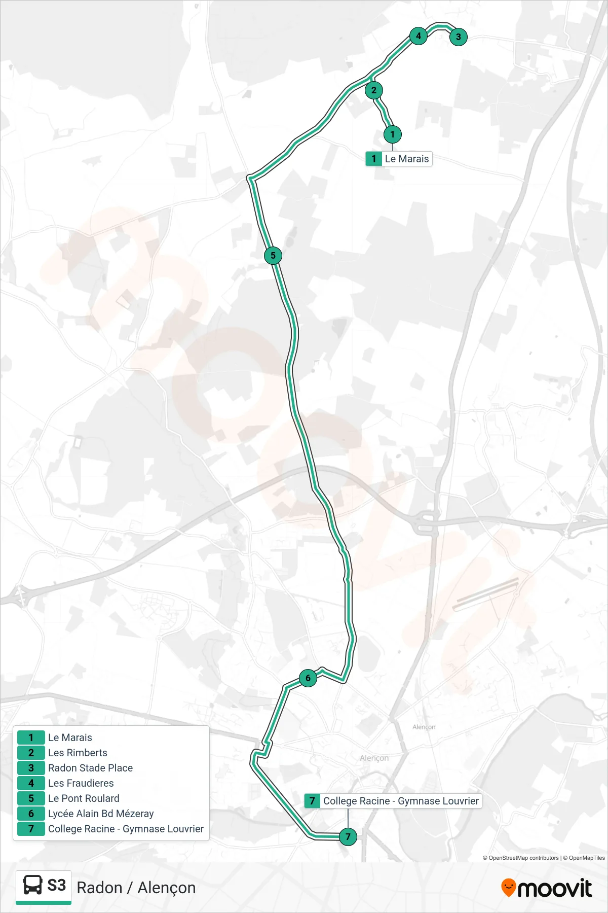 Tracé et arrêts de la ligne S3 de bus (Alençon) sur une carte