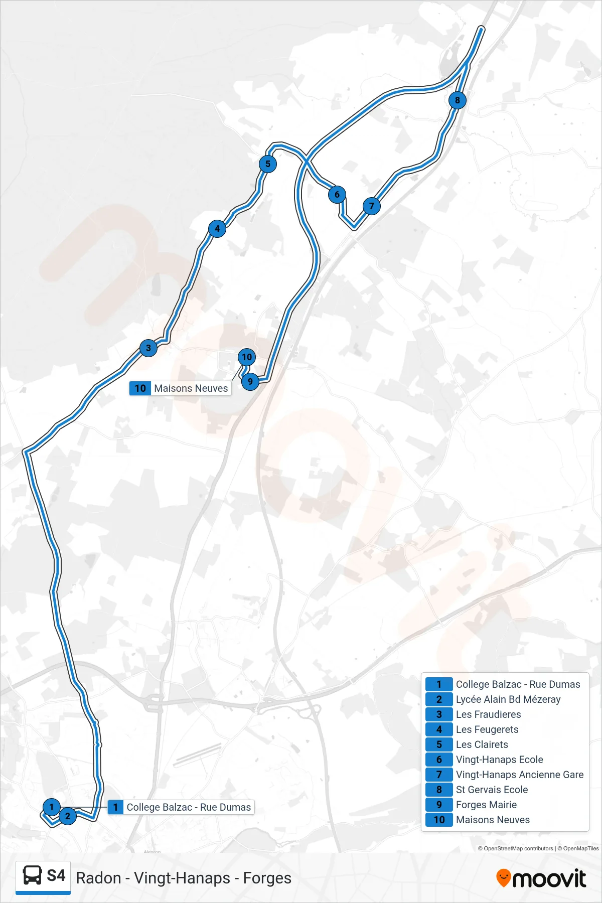 Tracé et arrêts de la ligne S4 de bus (Radon - Vingt-Hanaps - Forges) sur une carte