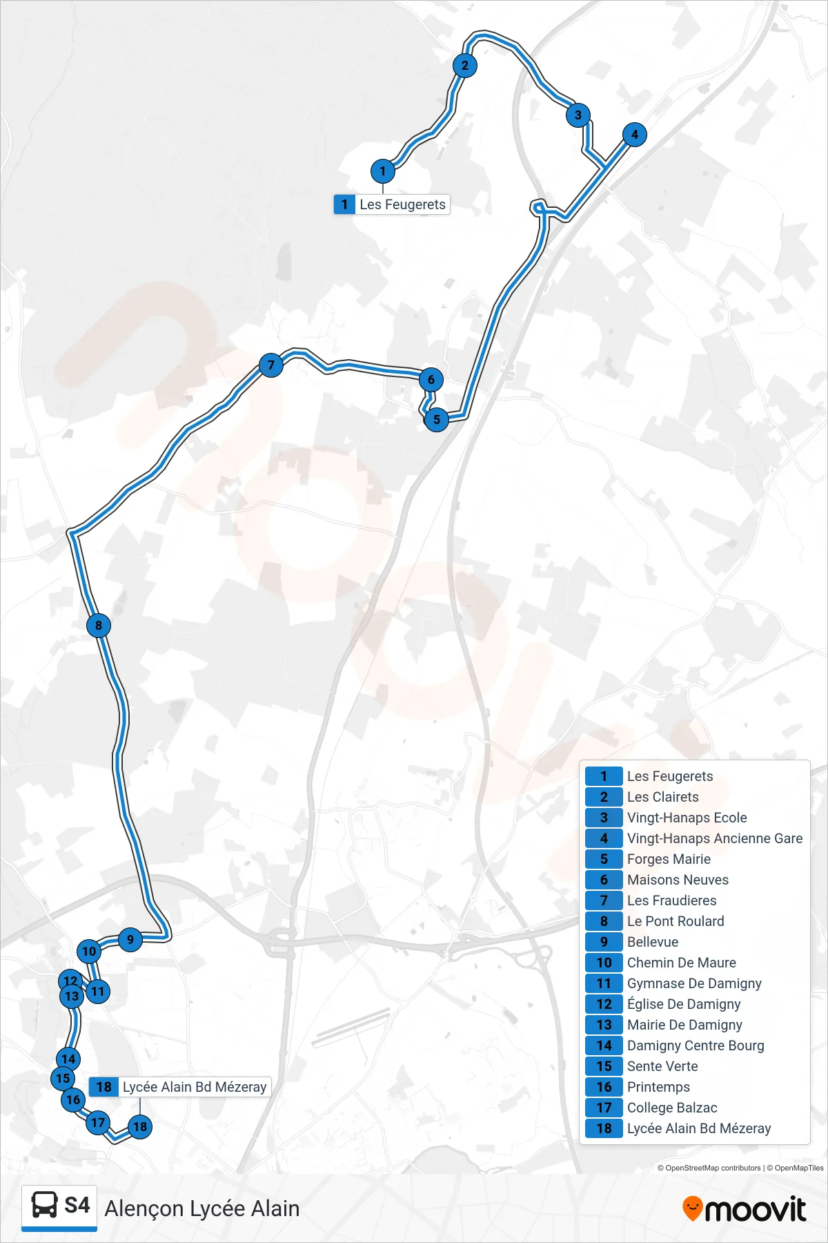 Recorrido y paradas de la línea S4 de autobús (Alençon Lycée Alain) en el mapa