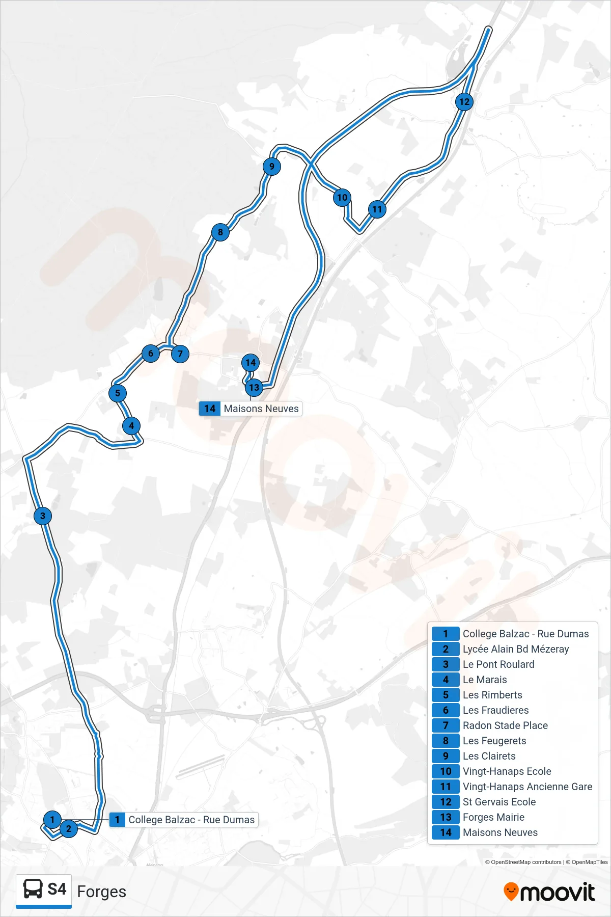Tracé et arrêts de la ligne S4 de bus (Forges) sur une carte