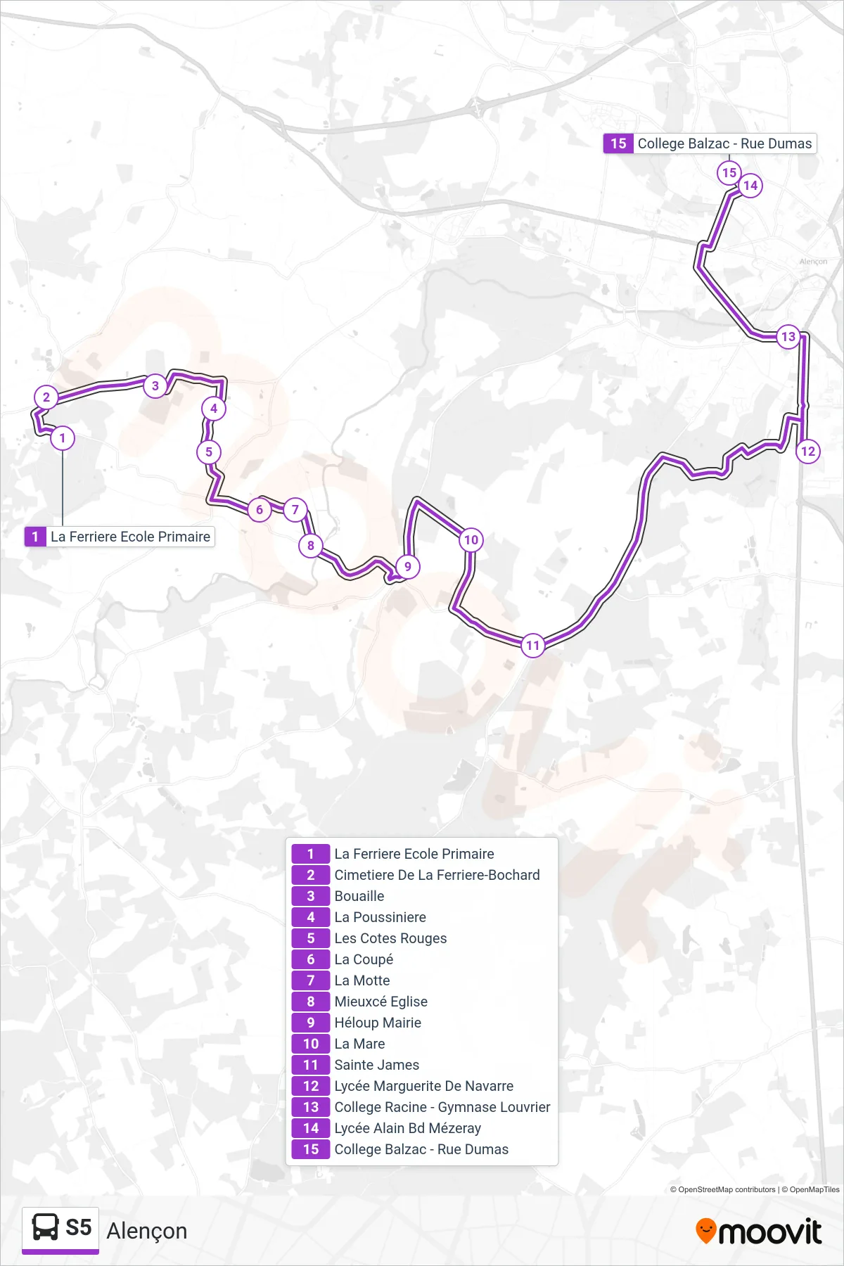 Tracé et arrêts de la ligne S5 de bus (Alençon) sur une carte