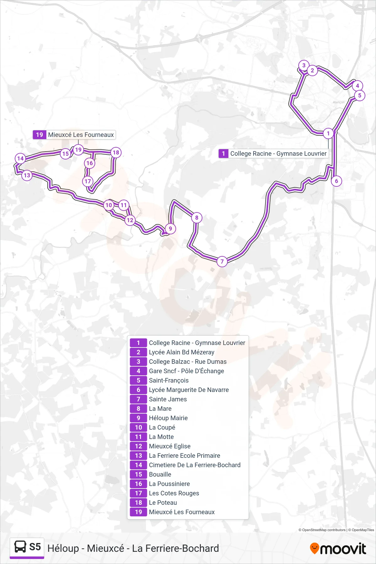 Recorrido y paradas de la línea S5 de autobús (Héloup - Mieuxcé - La Ferriere-Bochard) en el mapa