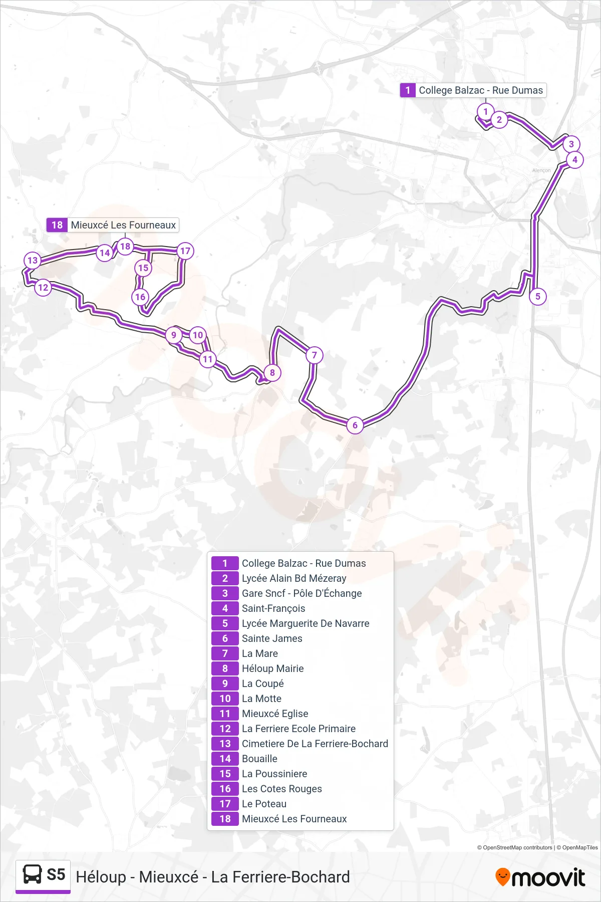 Tracé et arrêts de la ligne S5 de bus (Héloup - Mieuxcé - La Ferriere-Bochard) sur une carte