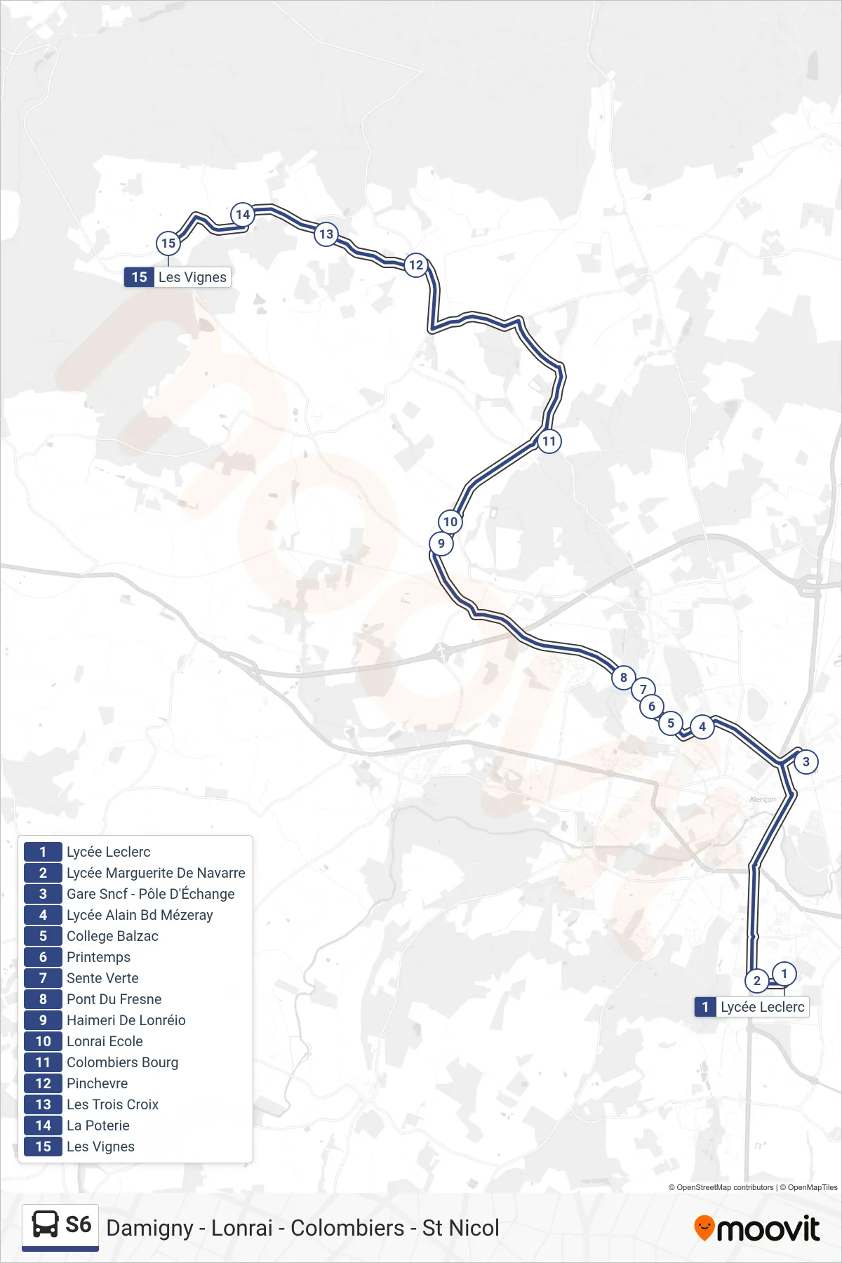 Tracé et arrêts de la ligne S6 de bus (Damigny - Lonrai - Colombiers - St Nicol) sur une carte