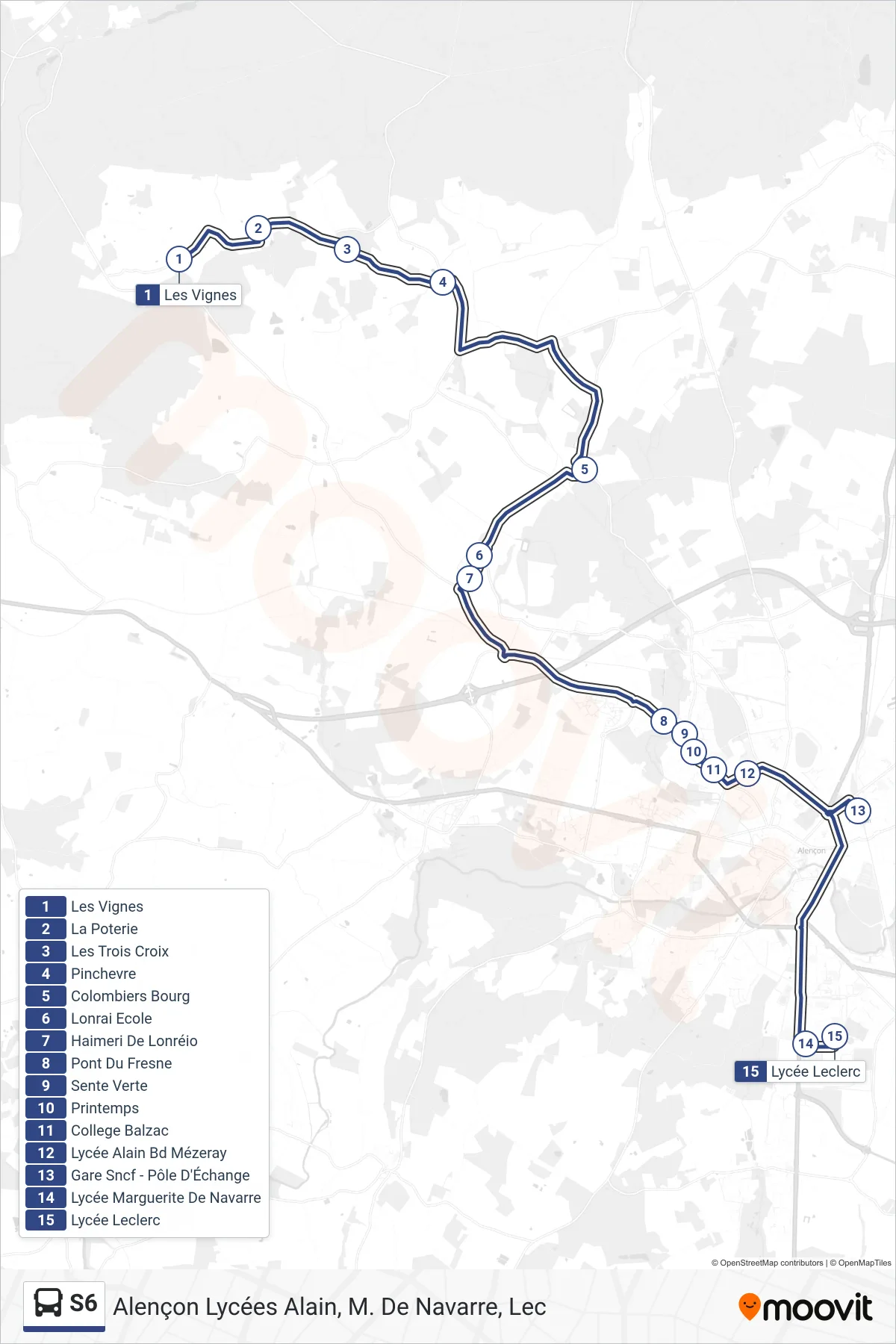 Tracé et arrêts de la ligne S6 de bus (Alençon Lycées Alain, M. De Navarre, Lec) sur une carte
