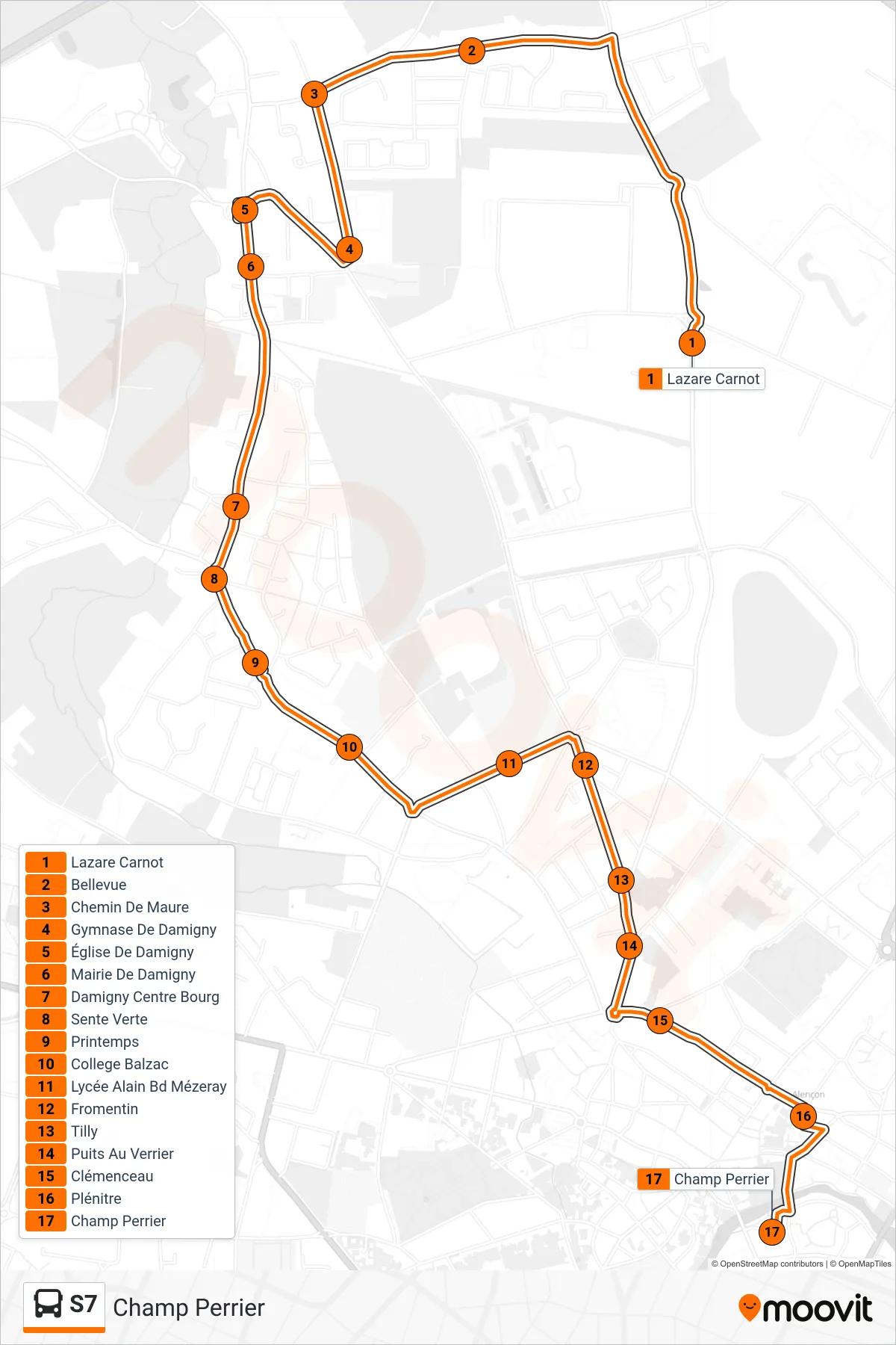 Tracé et arrêts de la ligne S7 de bus (Champ Perrier) sur une carte