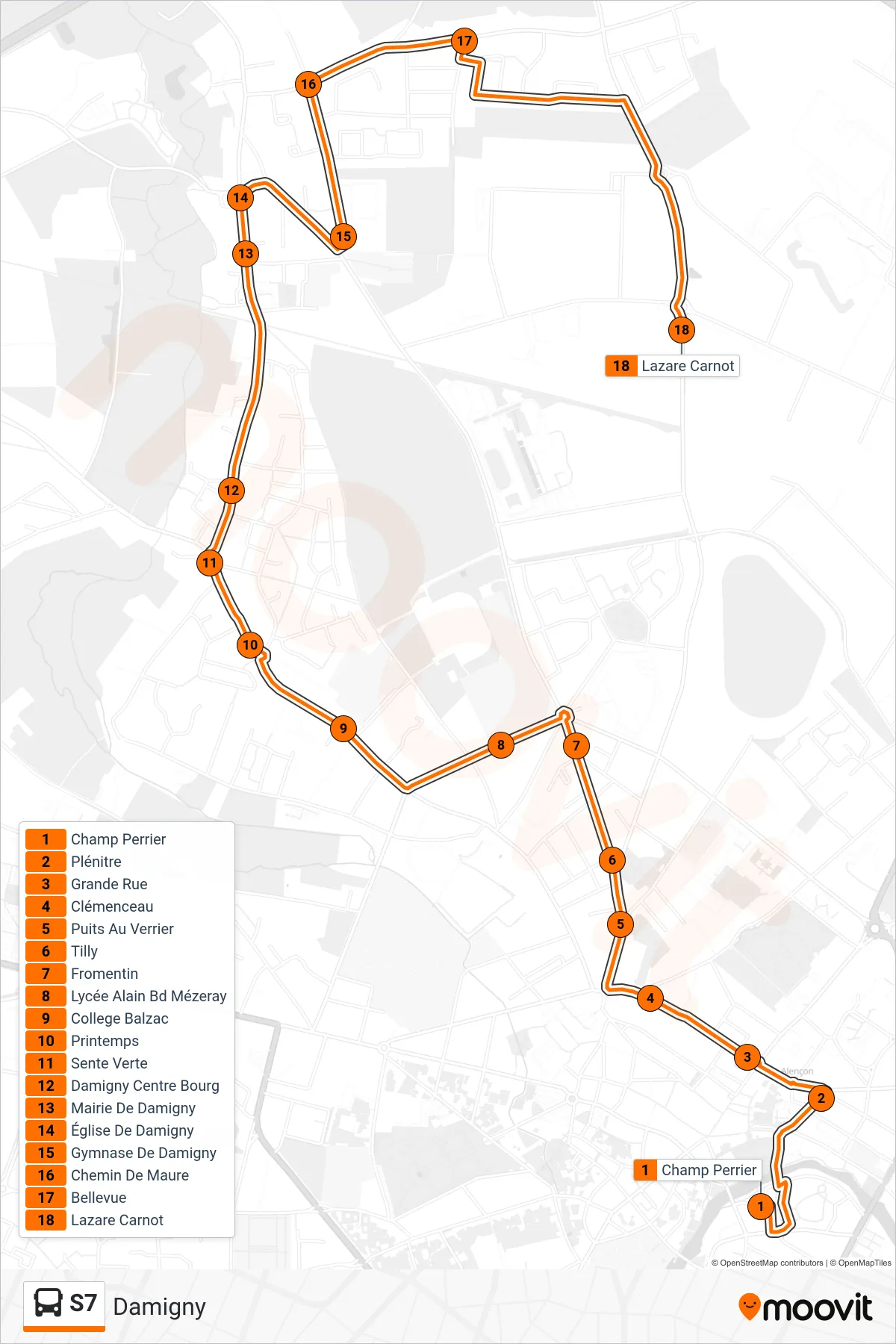 Tracé et arrêts de la ligne S7 de bus (Damigny) sur une carte