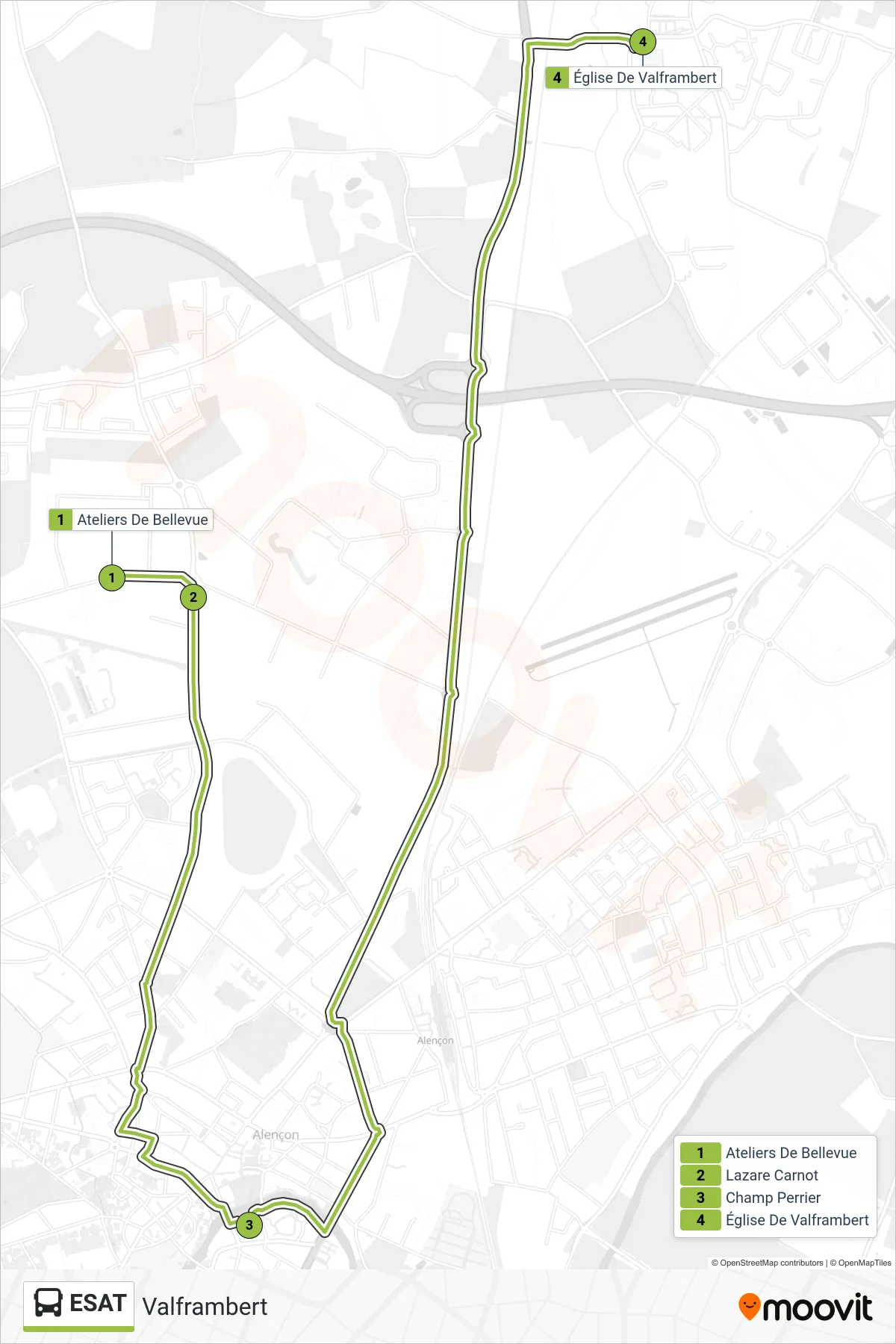 Tracé et arrêts de la ligne ESAT de bus (Valframbert) sur une carte