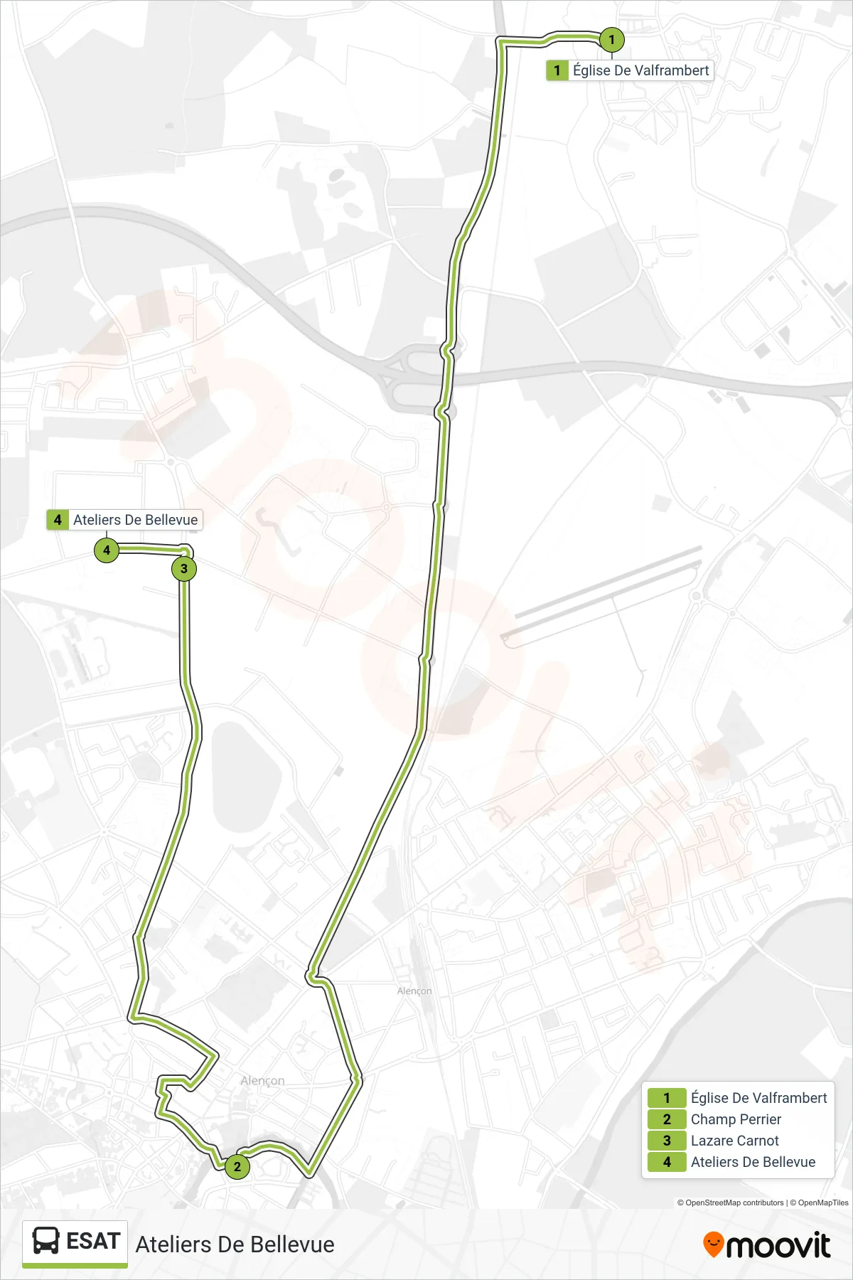 Tracé et arrêts de la ligne ESAT de bus (Ateliers De Bellevue) sur une carte