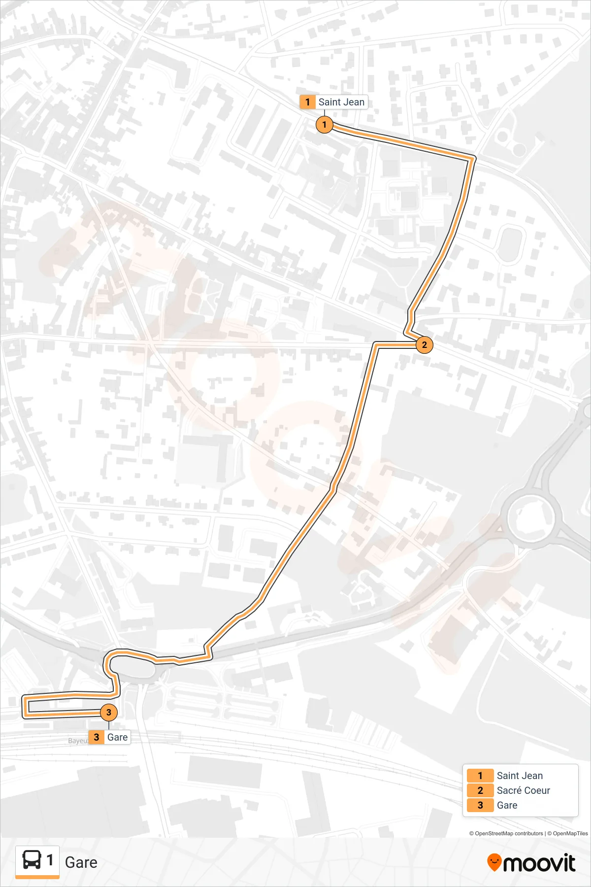 Recorrido y paradas de la línea 1 de autobús (Gare) en el mapa