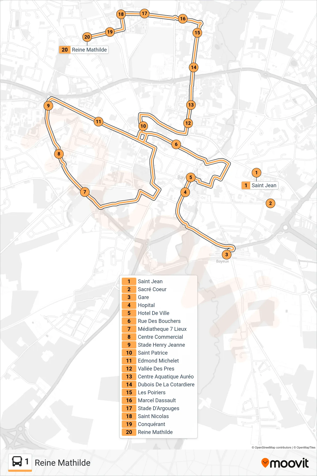 Recorrido y paradas de la línea 1 de autobús (Reine Mathilde) en el mapa