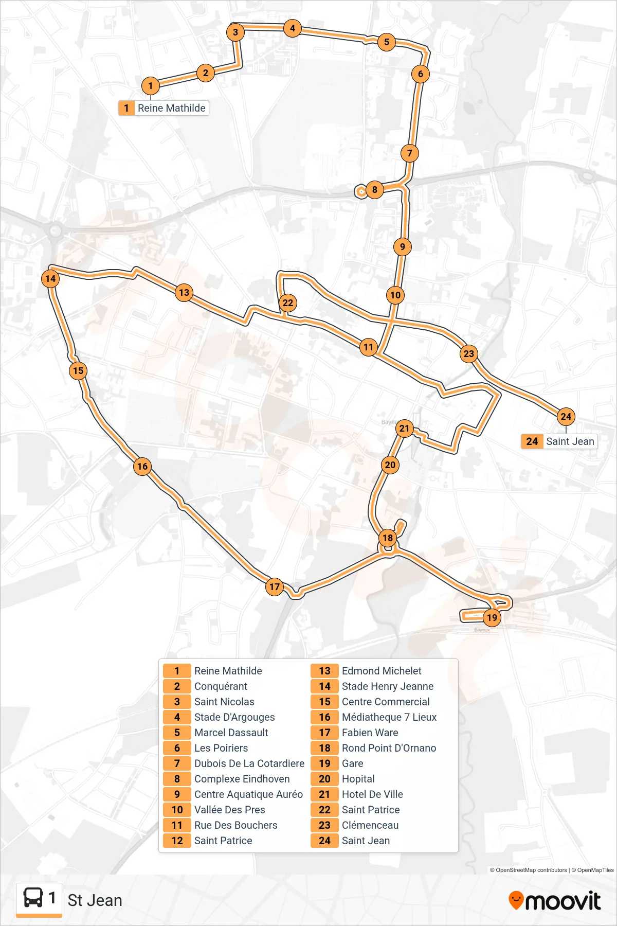 Recorrido y paradas de la línea 1 de autobús (St Jean) en el mapa