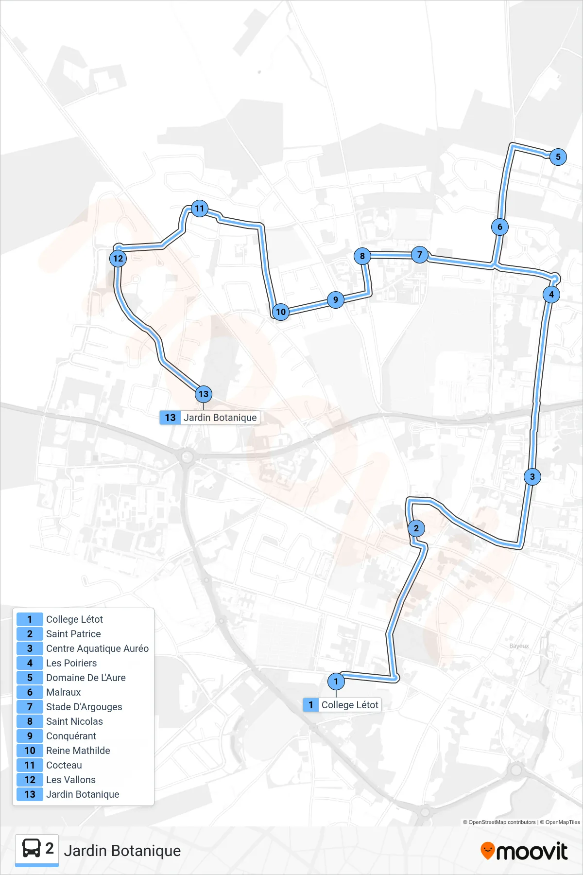 Recorrido y paradas de la línea 2 de autobús (Jardin Botanique) en el mapa