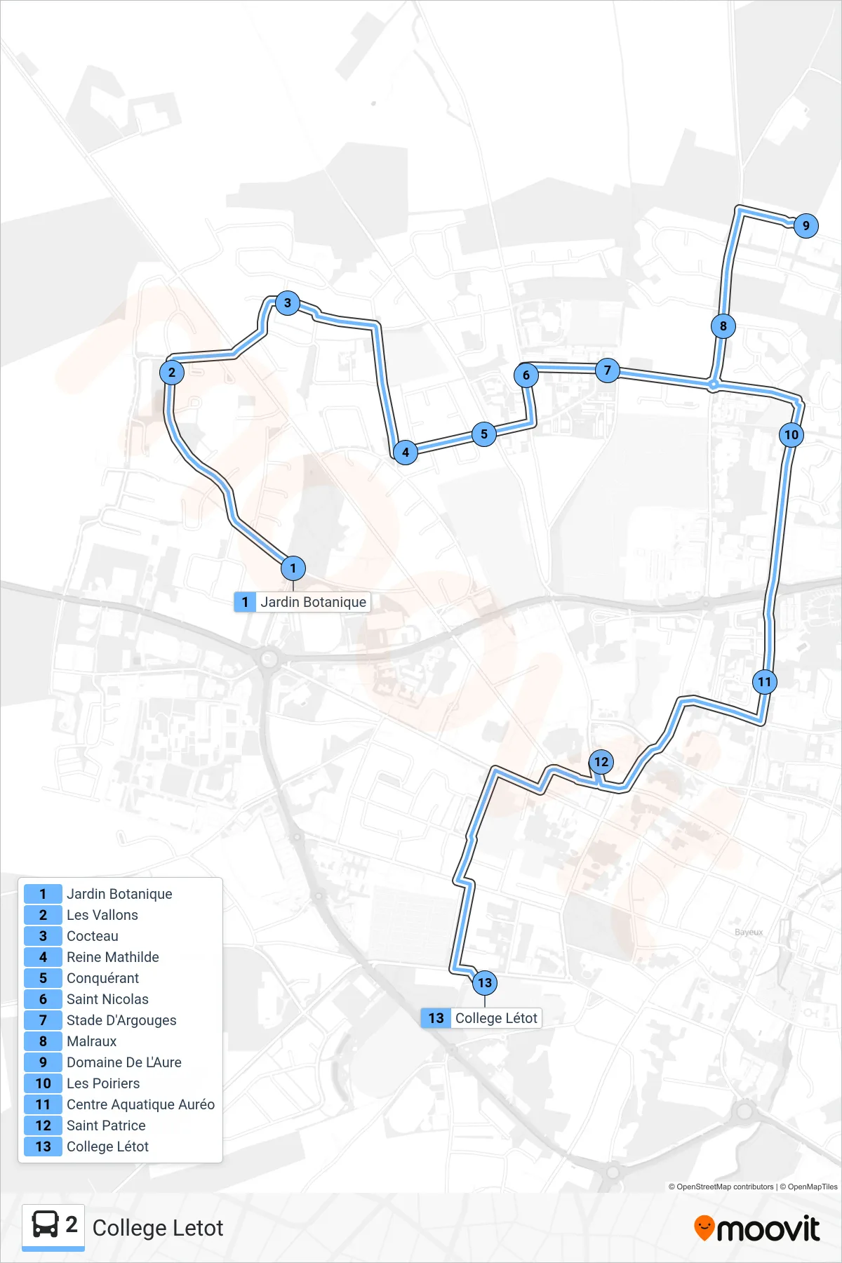 Recorrido y paradas de la línea 2 de autobús (College Letot) en el mapa