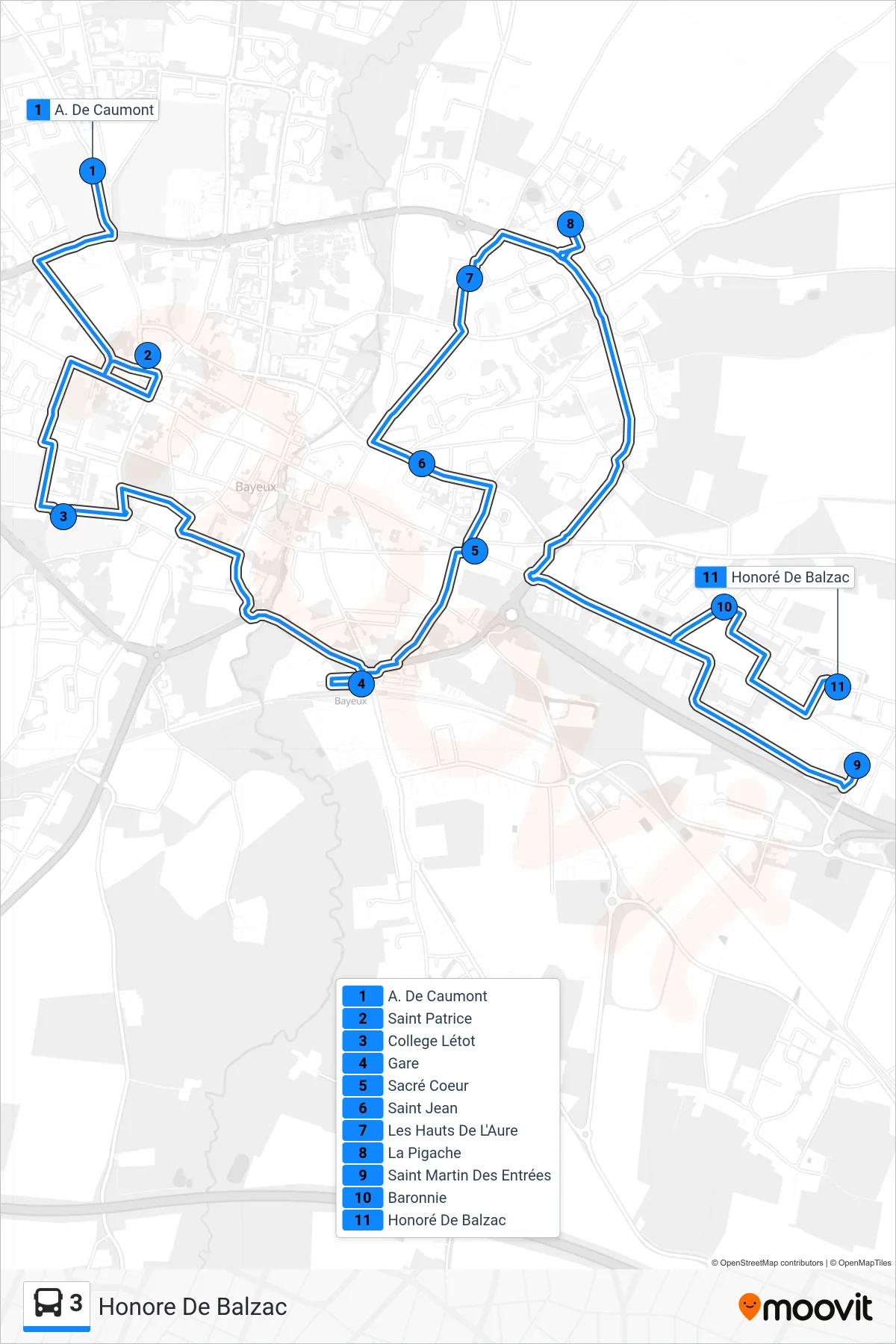 Tracé et arrêts de la ligne 3 de bus (Honore De Balzac) sur une carte