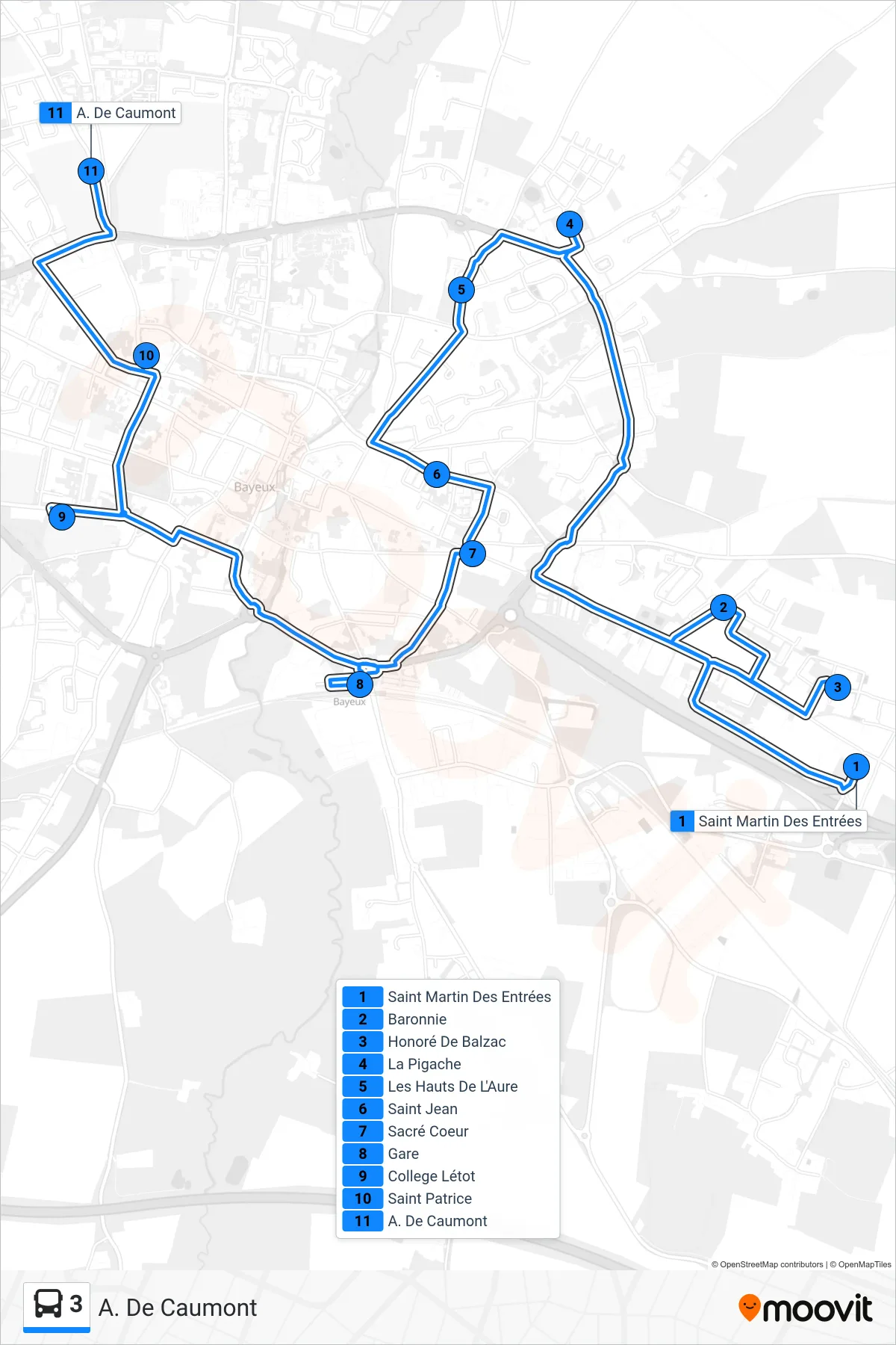 Tracé et arrêts de la ligne 3 de bus (A. De Caumont) sur une carte