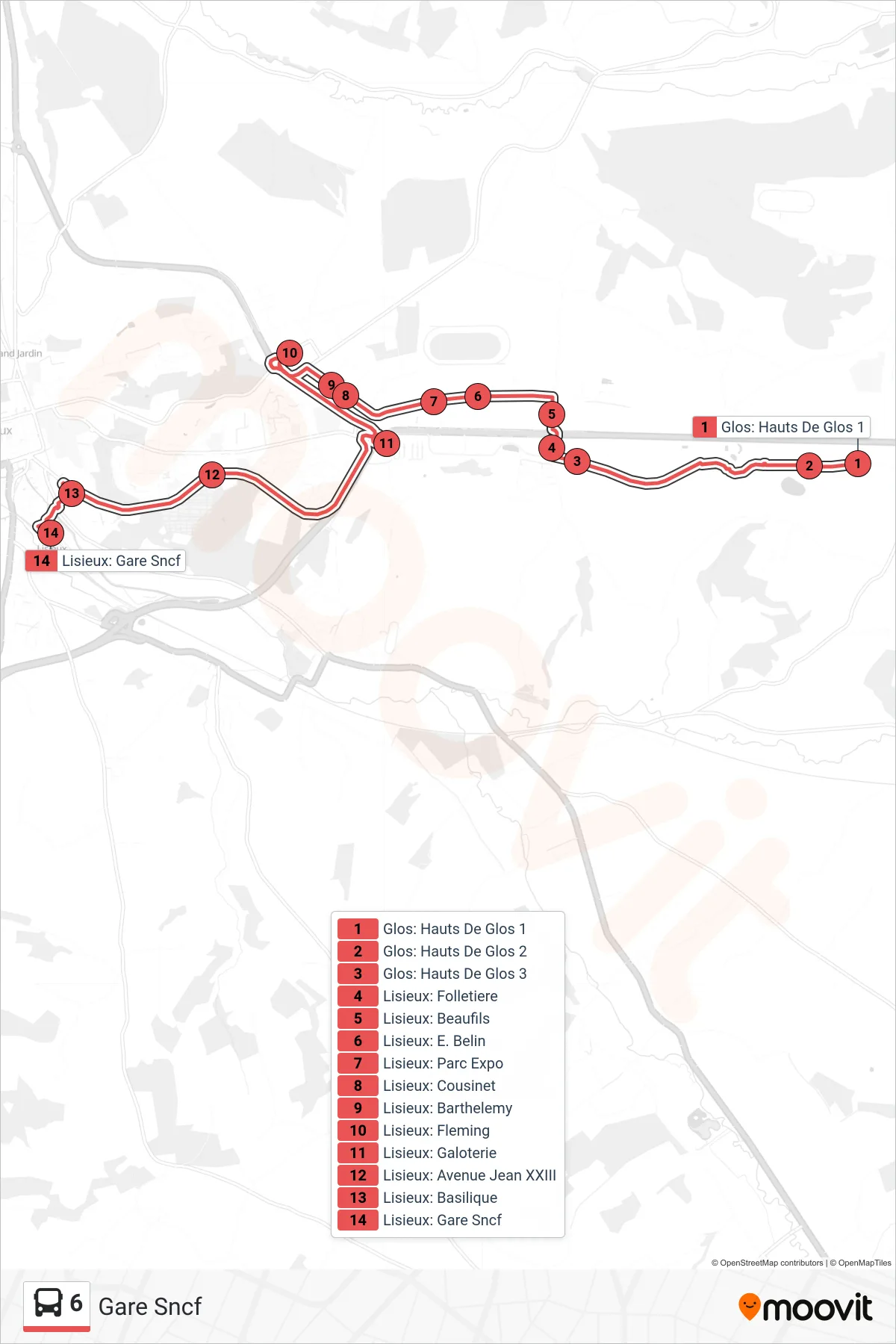 Tracé et arrêts de la ligne 6 de bus (Gare Sncf) sur une carte