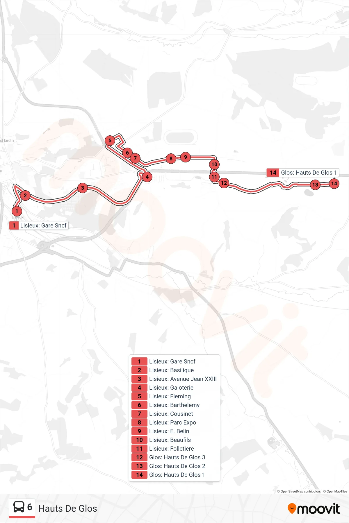 Tracé et arrêts de la ligne 6 de bus (Hauts De Glos) sur une carte
