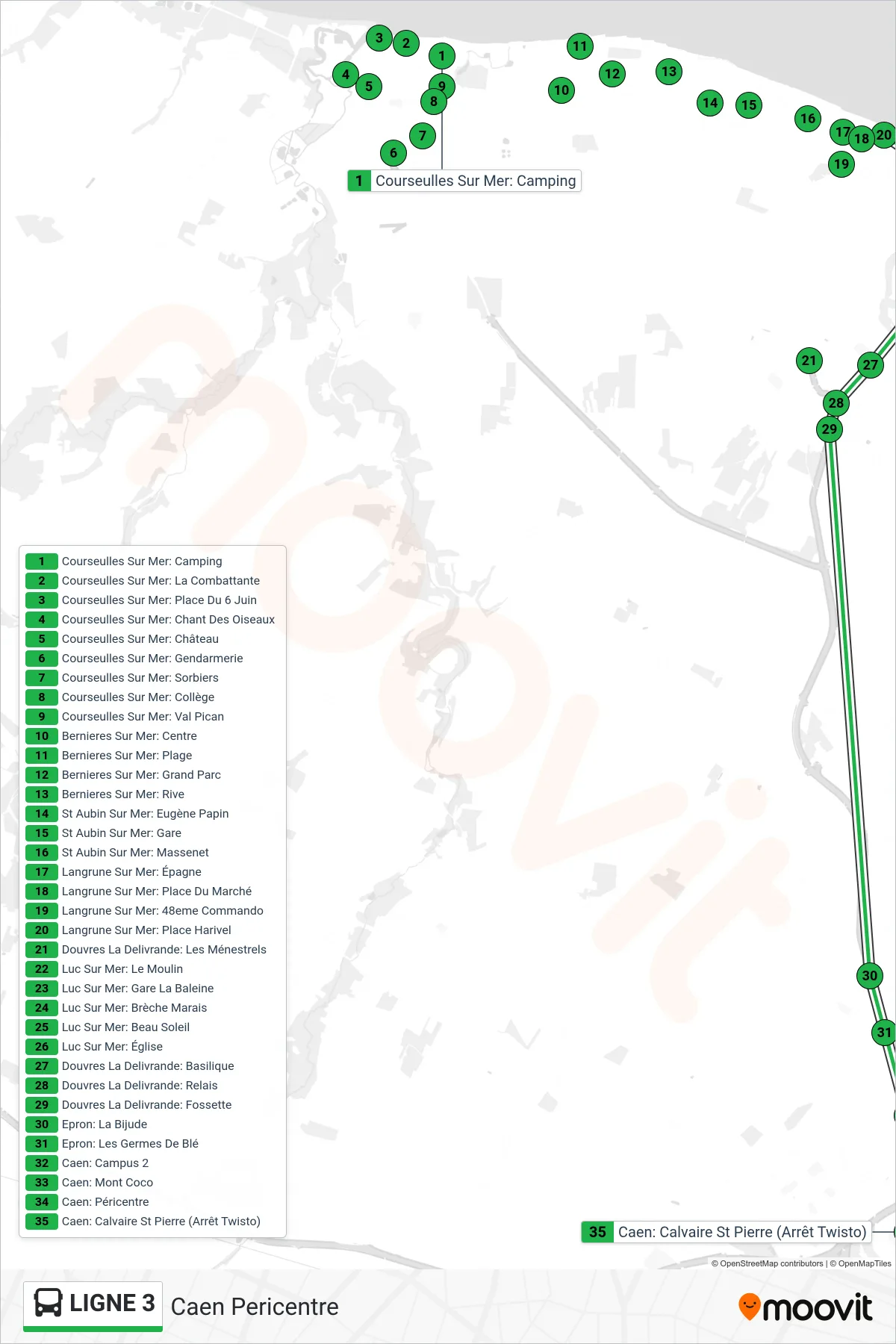 LIGNE 3 bus Line (Caen Pericentre) route and stops on a map