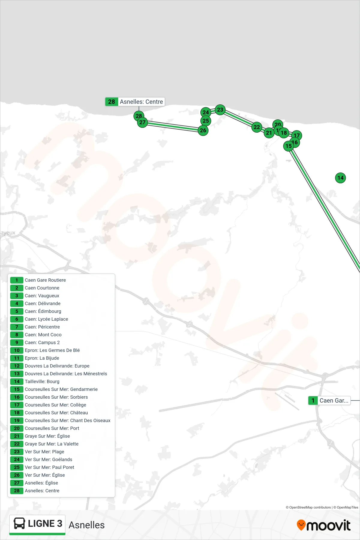 LIGNE 3 bus Line (Asnelles) route and stops on a map