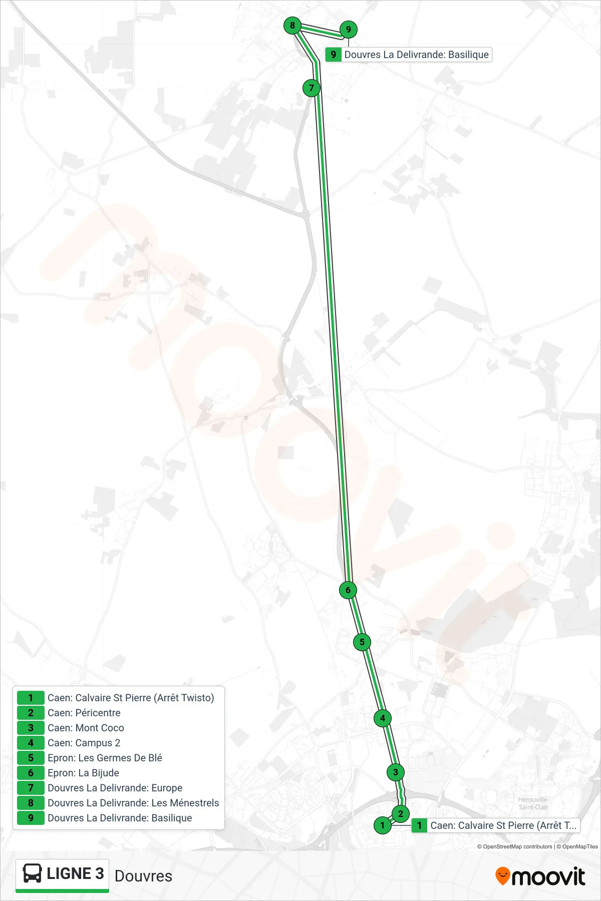 LIGNE 3 bus Line (Douvres) route and stops on a map